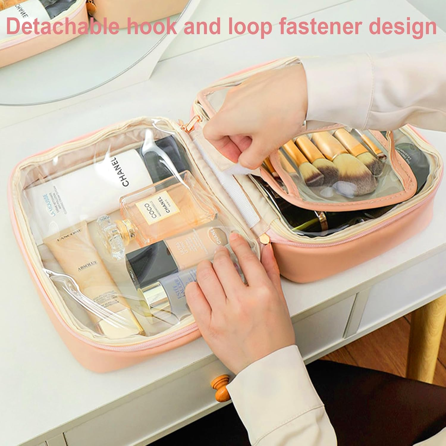 Travel Makeup Bag, Large Capacity Cosmetic Bag, PU Leather Waterproof Cosmetic Bag, Women Portable Travel Makeup Bag with Handle and Free-Standing Brush Holder, Pink, Elegant image number 4