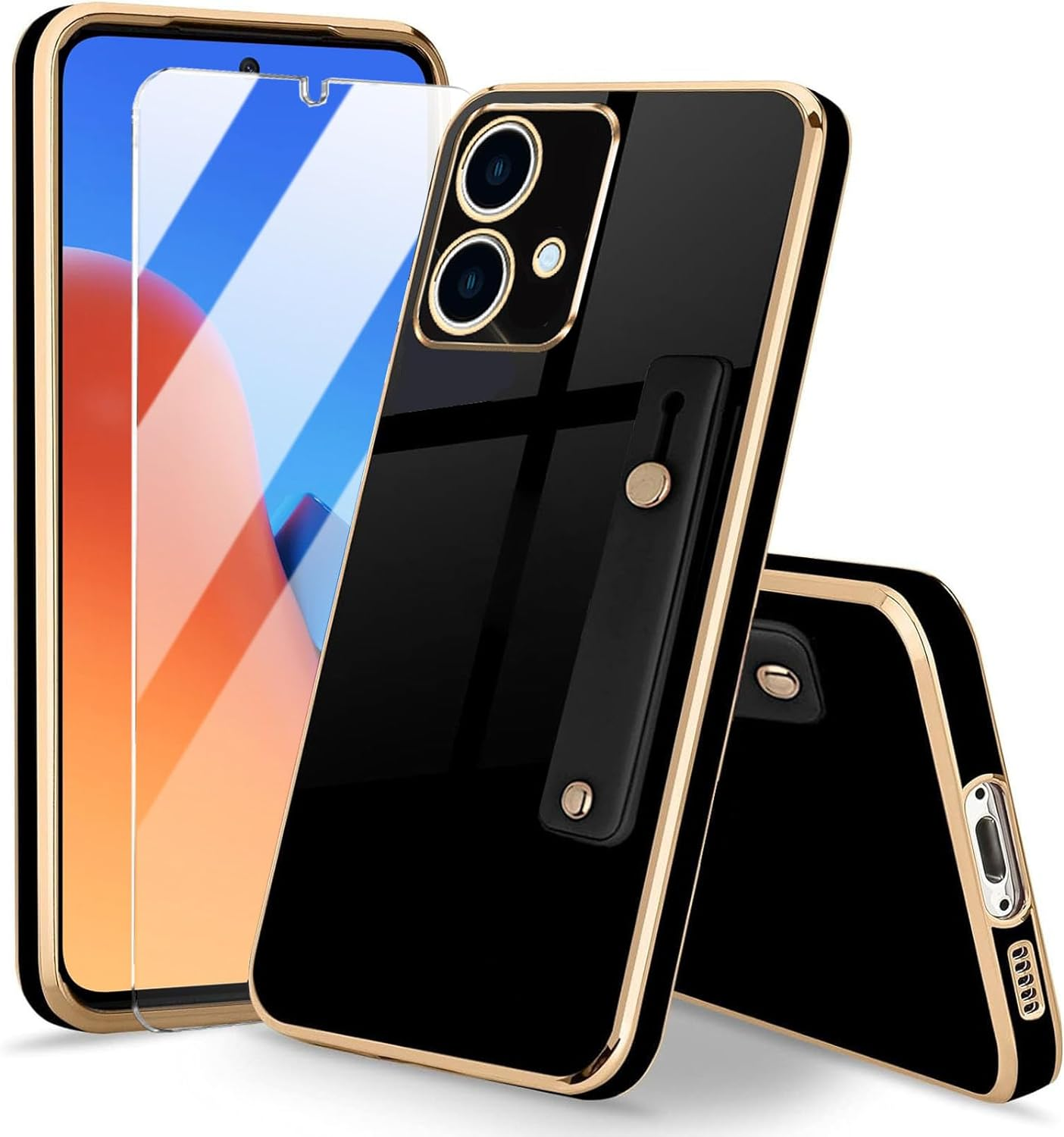 For Motorola G54 5G (6.5 Inch) Case,[2 in 1] with 2.5D Clear Tempered Glass Screen Protector, Luxury Lovely Plating Case Soft Smooth with Wrist Strap Stand Protective Cover(For Moto G54 5G)