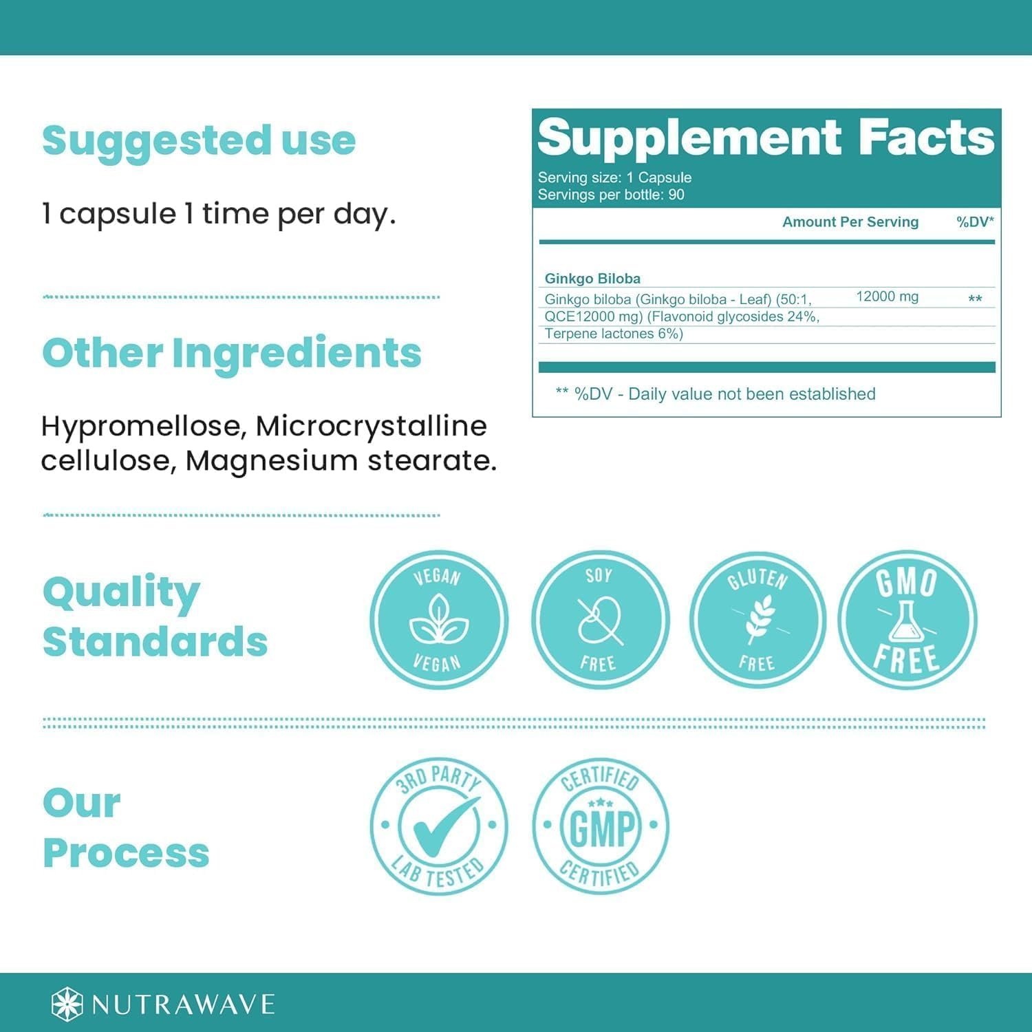 Nutrawave 12,000Mg Ginkgo Biloba Capsules, 90 Capsules. image number 2