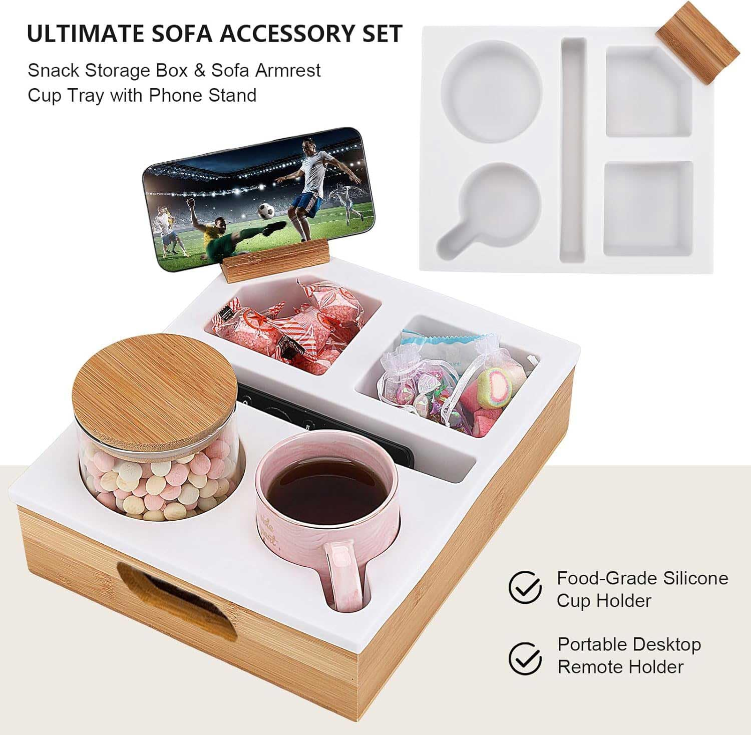 Couch Cup Holder Tray,Bamboo Couch Cup Holder with Soft Silicone, Sofa Storage Tray with Removable Phone Stand,Waterproof Anti-Spill Sofa Cup Holder,Sofa Cup Holder Suitable for Snacks, Drinks. image number 6