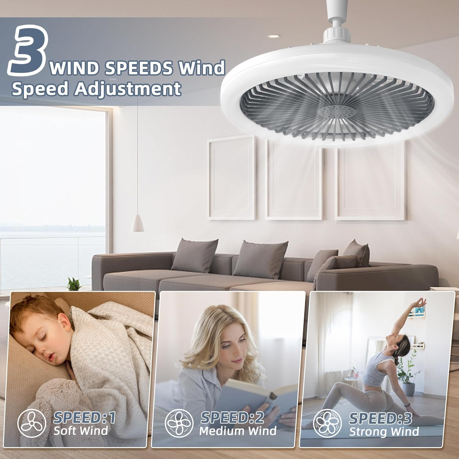 Ceiling Fan with Light and Remote Indoor, Socket Ceilings Fans Enclosed 10" with Light E26 3 Colors Infinitely Adjustable LED Mini Ceiling Fans for Bathroom/Bedroom/Living Room/Garage/Kitchen image number 4
