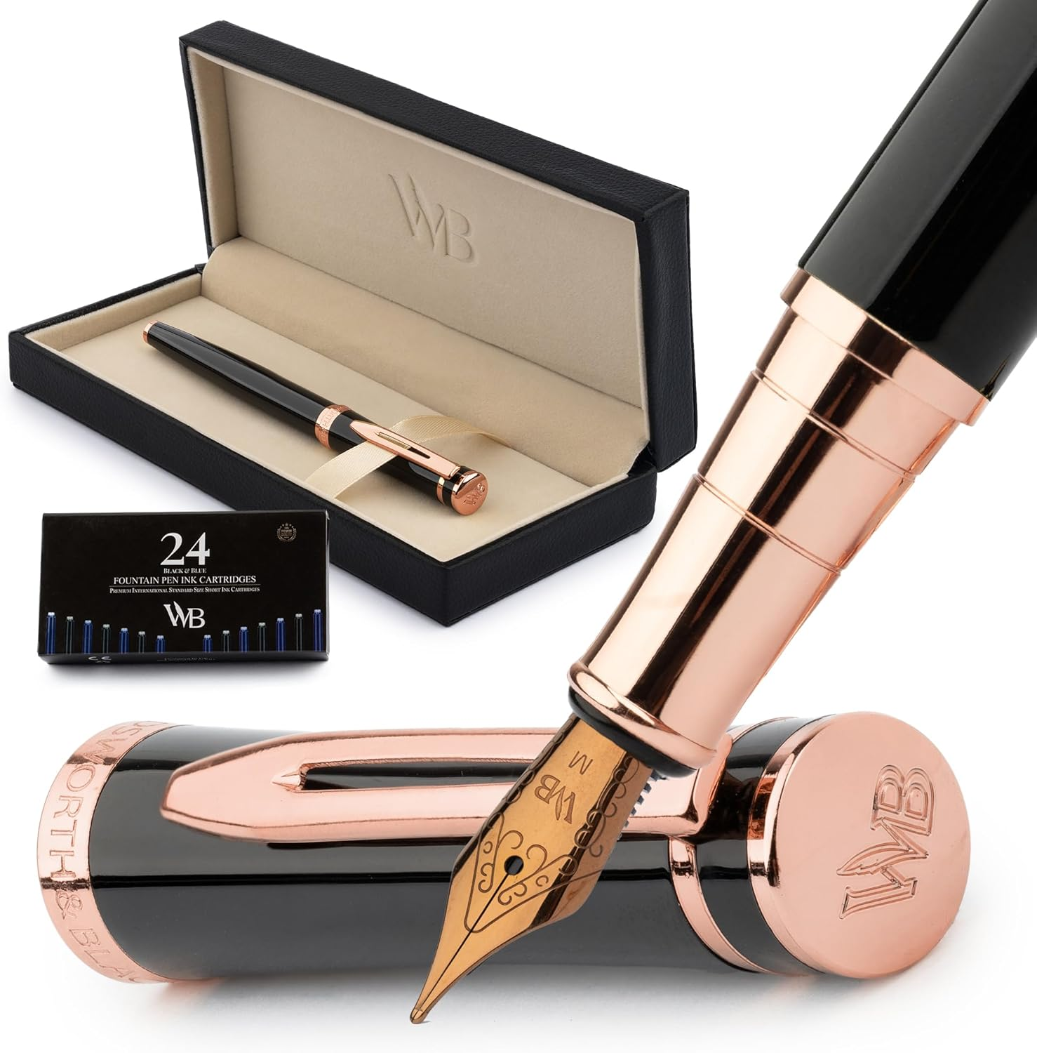 Wordsworth & Black Fountain Pen Set, 18K Gilded Medium Nib, Includes 24 Pack Ink Cartridges, Ink Refill Converter & Gift Box, Gold Finish, Calligraphy, [Brown Gold], Perfect for Men & Women