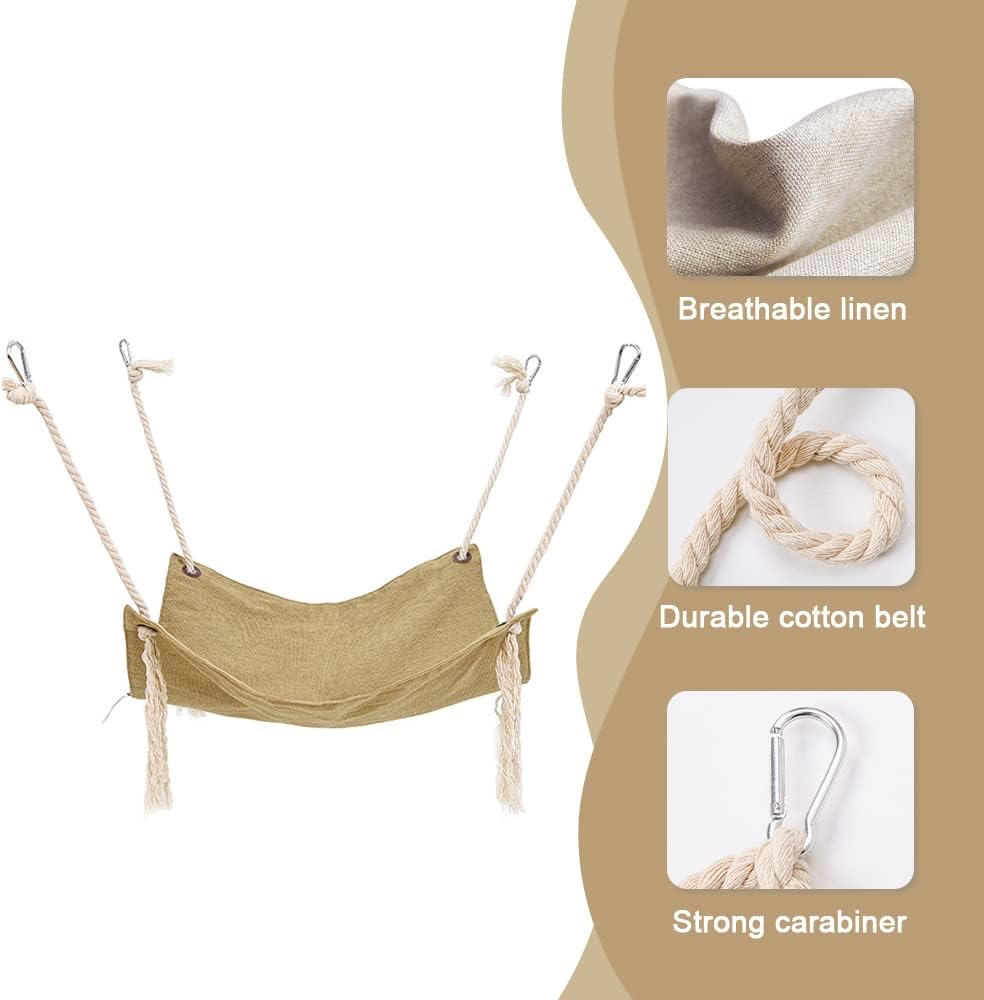 Breathable Pet Cage Hammock - Cat Hanging Bed with Metal Carabiners and Tassels, Suitable for Kittens, Rabbits, Small Dogs (Khaki) image number 4