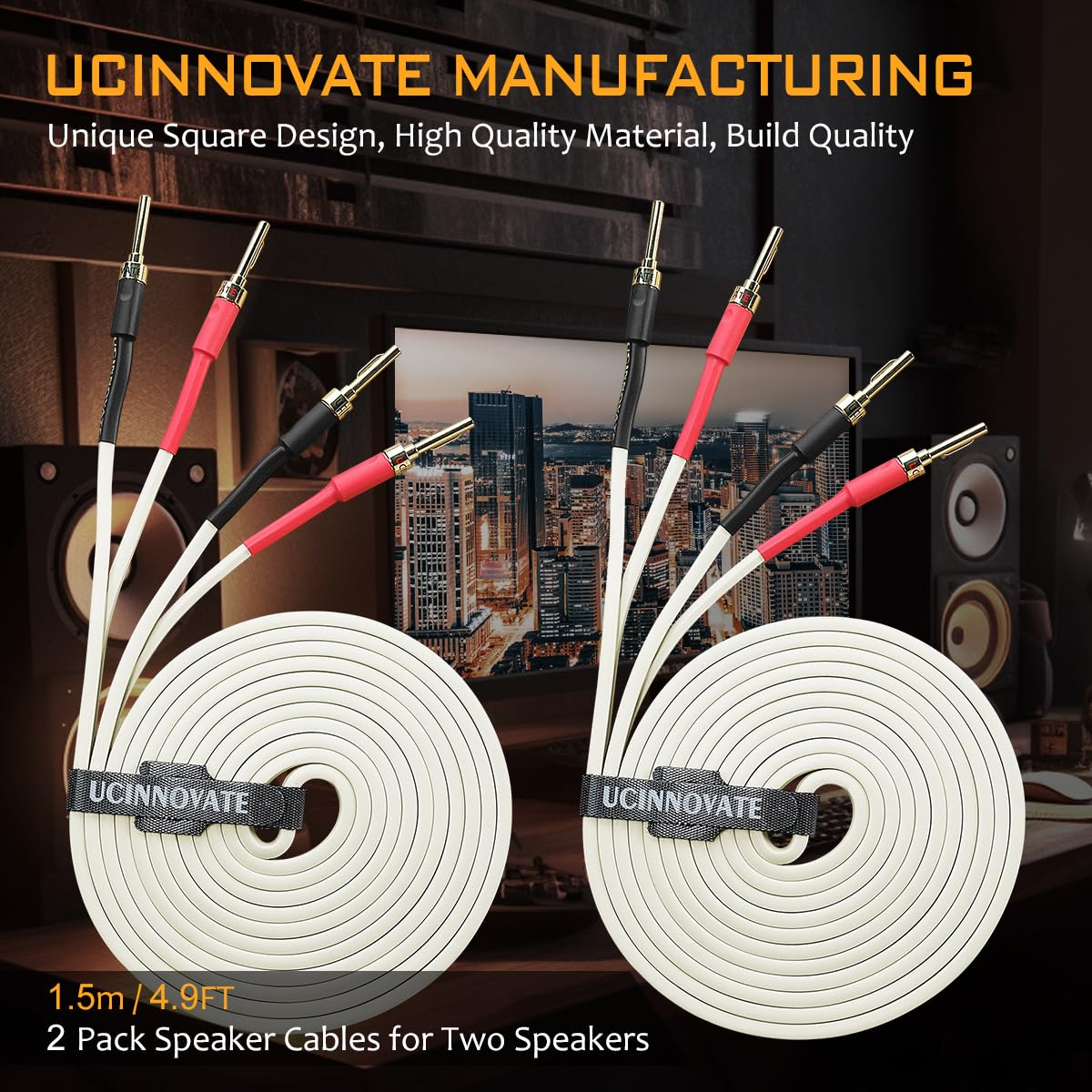 2 Pack 14 AWG OFC Speaker Cable with Pin Banana Plugs, Craft-Made Hifi 1.5M/4.9Ft White Square Speaker Wire with Gold-Plated Banana Plugs, Speaker Cable for Hi-Fi & Home Audio System, Amp, Subwoofer image number 5