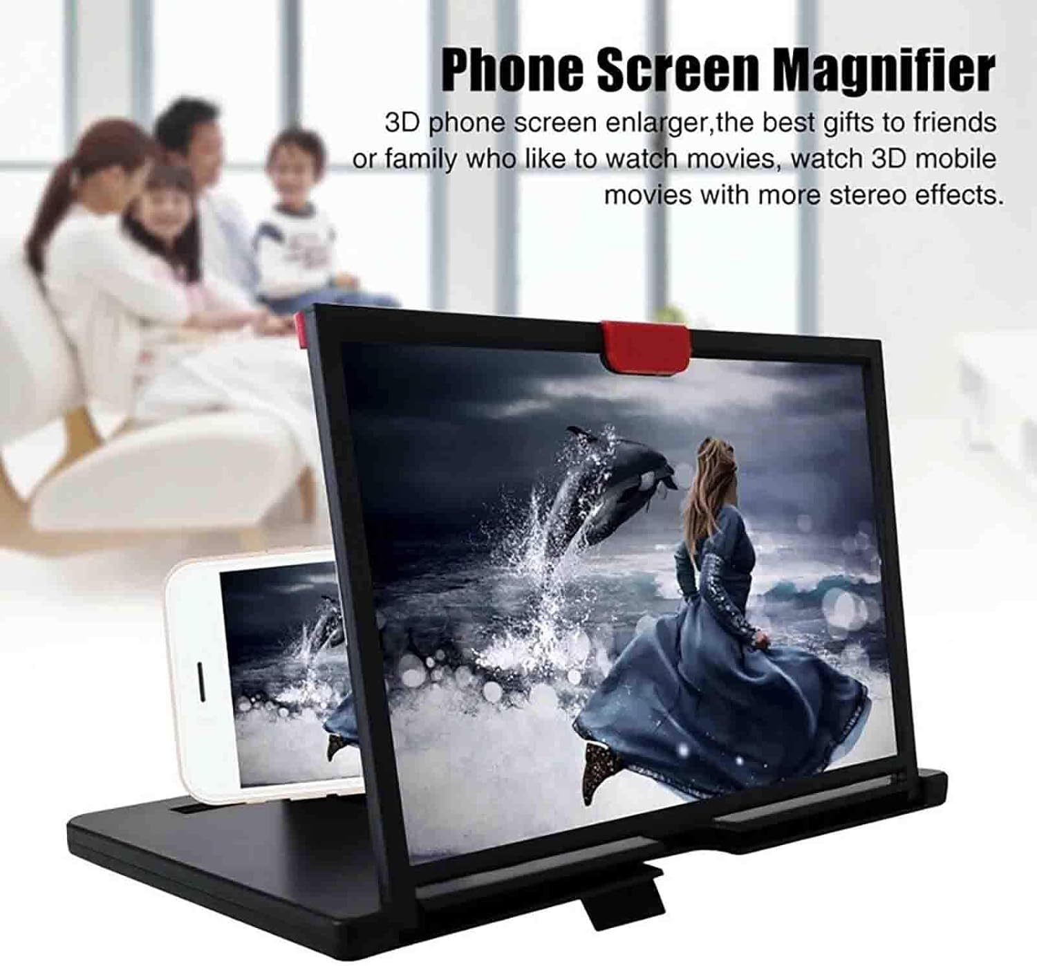 12" Magnifier for Cell Phone - 3D HD Projector Screen Enlarger, Smartphone Desktop Bracket, Universal Cellphone Magnifier Holder (Black) - Red image number 6