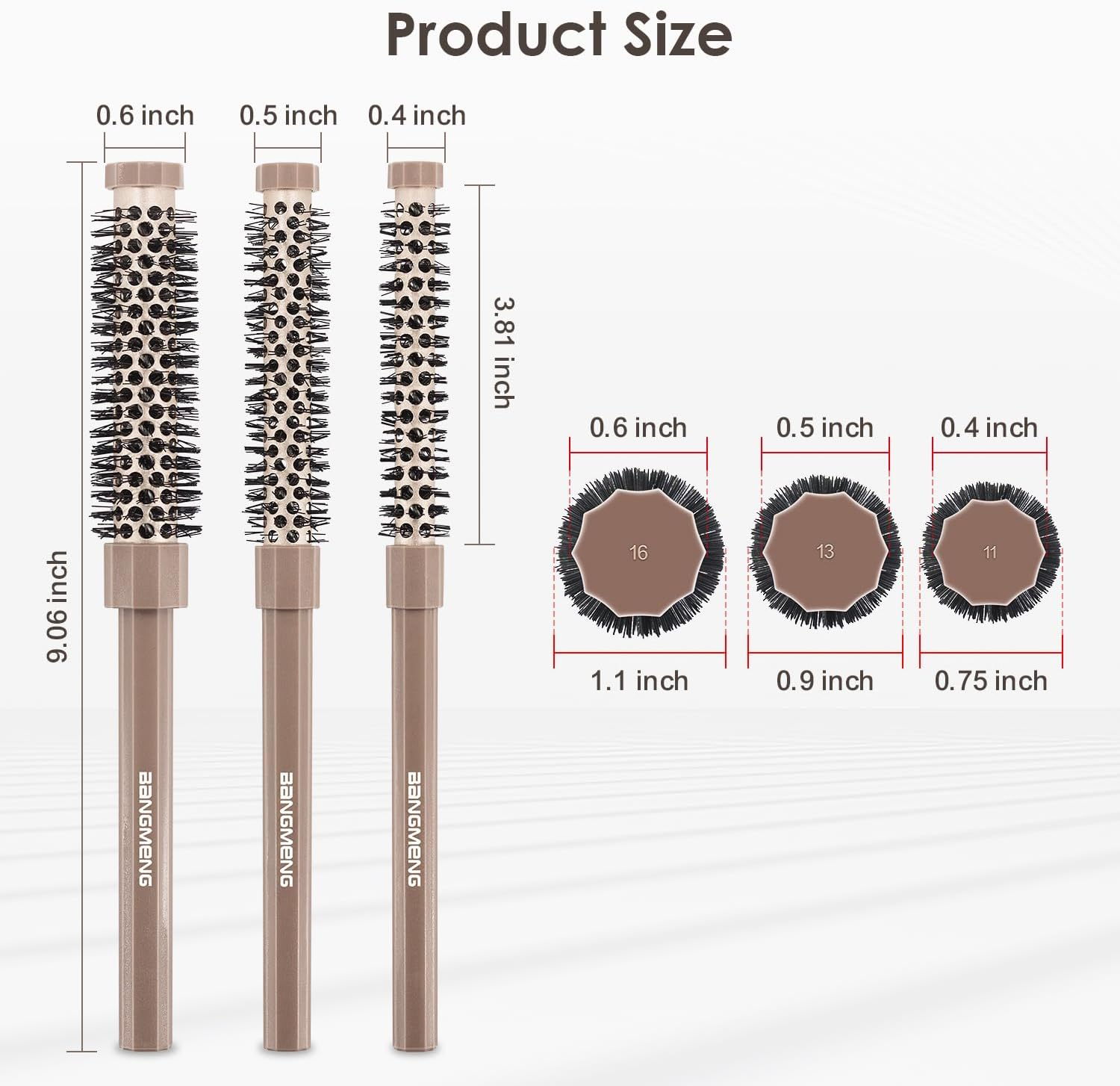 BANGMENG 3 Pieces Small round Brush Set, 3/7 1/2 5/8 Inch Barrel Hairbrush for Blow Drying, Soft Bristles Style Volumize Hair Brush for Women Men Short Hair, Bangs, Roots, Curling, Straight image number 4
