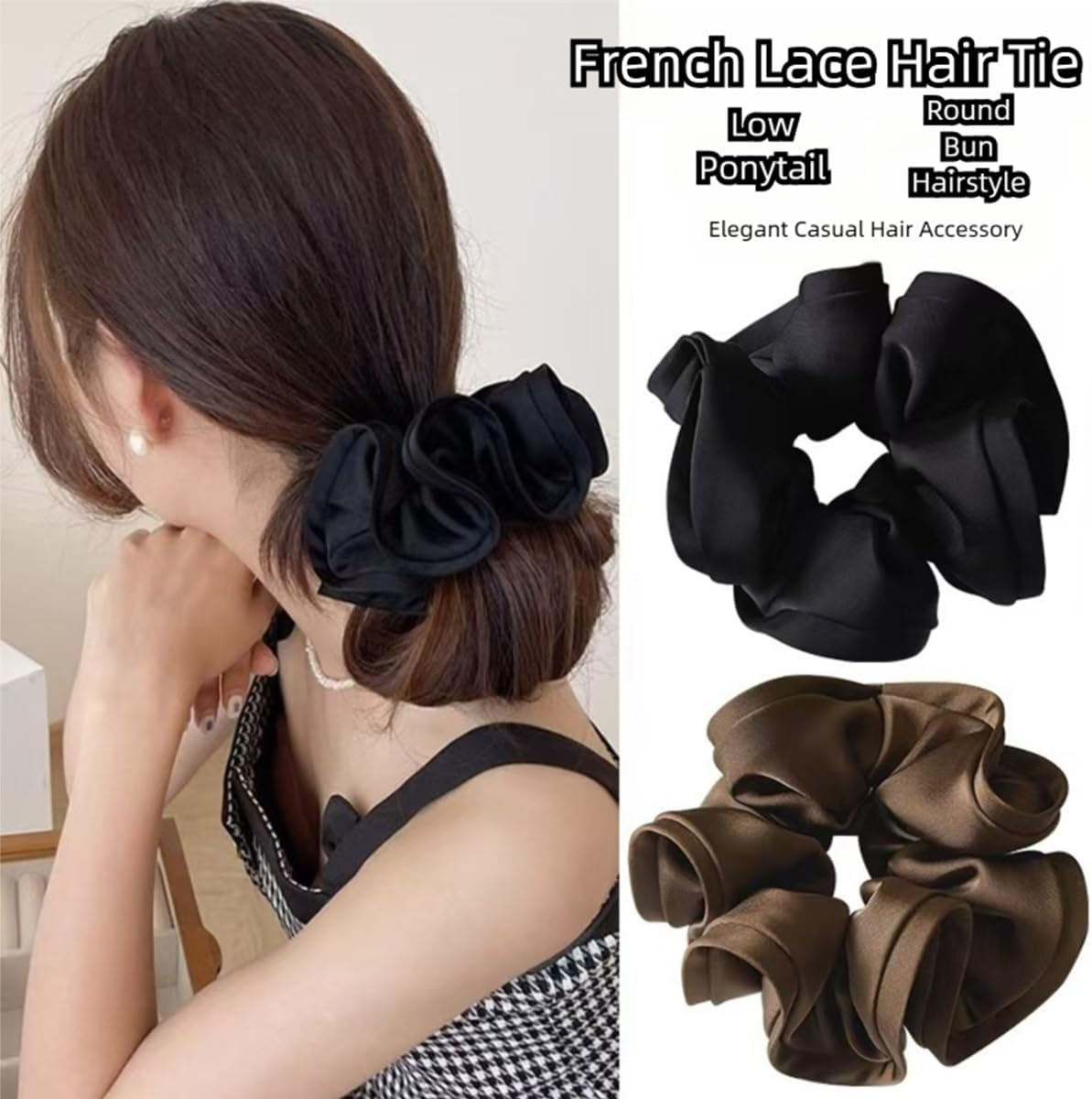 Pack of 3 Hair Bobbles Scrunchies for Women French Hair Accessories Retro Satin Elastic Thick Bands Hair Clip Hair Ties image number 6