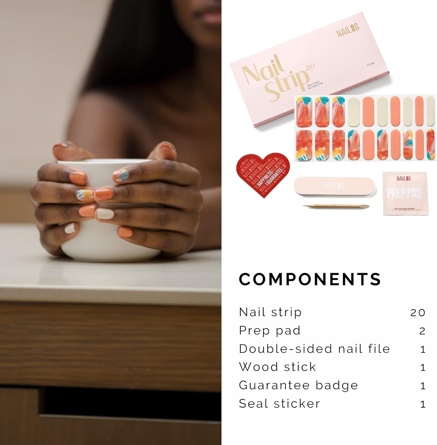 NAILOG Semi Cured Gel Nail Strips (20 Extra Long Nail Stickers) | Glossy & Long Lasting Soft Gel Finish Nail Wrap| Orange & White | Masterpiece image number 4