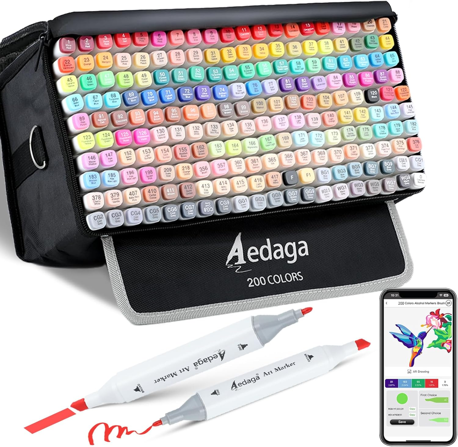 200 Colors Alcohol Markers with App, Dual Tip Art Markers with Kickstand Case for Artists, Adults and Kids. Alcohol Based Markers for Coloring, Painting, Sketching and Drawing, Great Gift