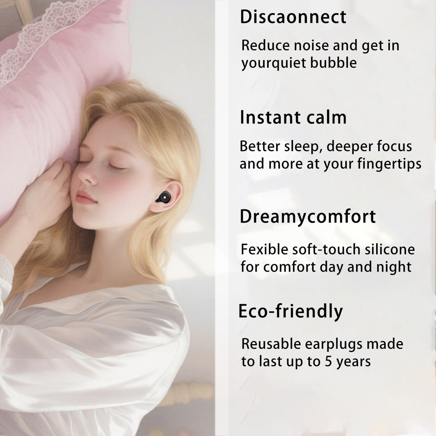 Ear Plugs for Sleeping - Noise Cancelling Earplugs with 23Db SNR Reduction, Reusable Sleep Earbuds for Focus, Travel & Noise Sensitivity, 3-Size（S/M/L) Tips & Carry Case Included image number 5