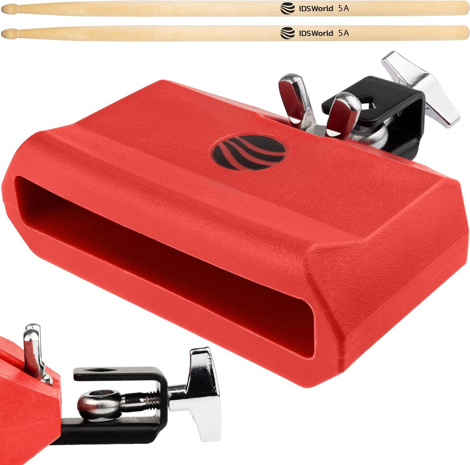 Jam Drum Block Latin Percussion Red Plastic Musical Instrument Adjustable Mount Bracket with A5 Maple Drum Sticks Set image number 2