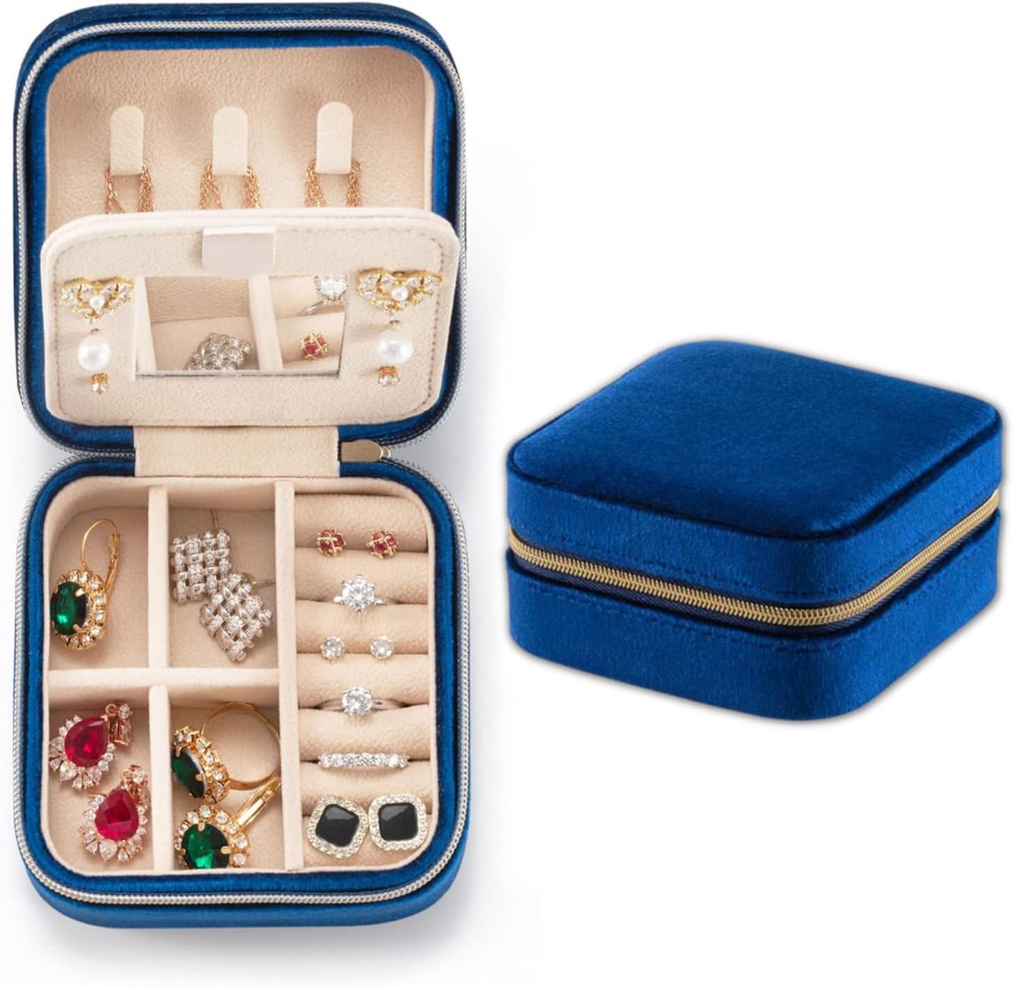 Velvet Travel Jewelry Box, Mini Travel Jewelry Case Organizer with Built in Mirror for Women Girls, JOMWEN Portable Display Storage Box for Rings Earrings Necklaces Bracelets (Emerald Green)