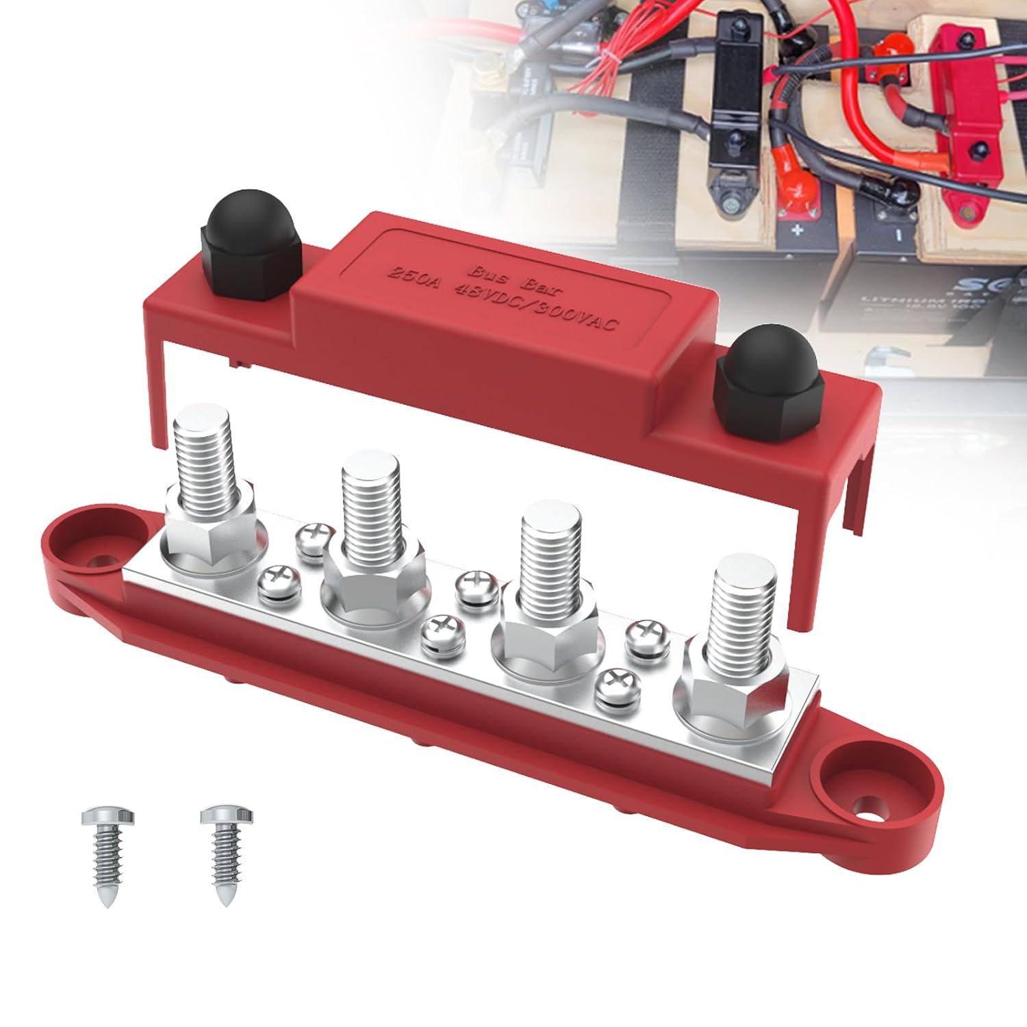 Upgraded Bus Bar 250A 12V Power Distribution Block with 3/8" (M10) 4-Posts Terminals Block with Cover for Automotive, Marine, Battery System(Black & Red)
