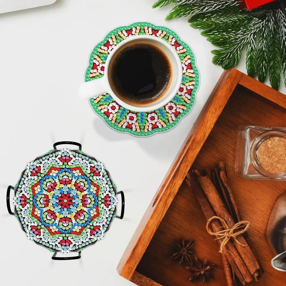 12Pcs 5D Diamond Painting Coasters round Mandala Medallion Coasters DIY Diamond Coasters Kit with Holder image number 4