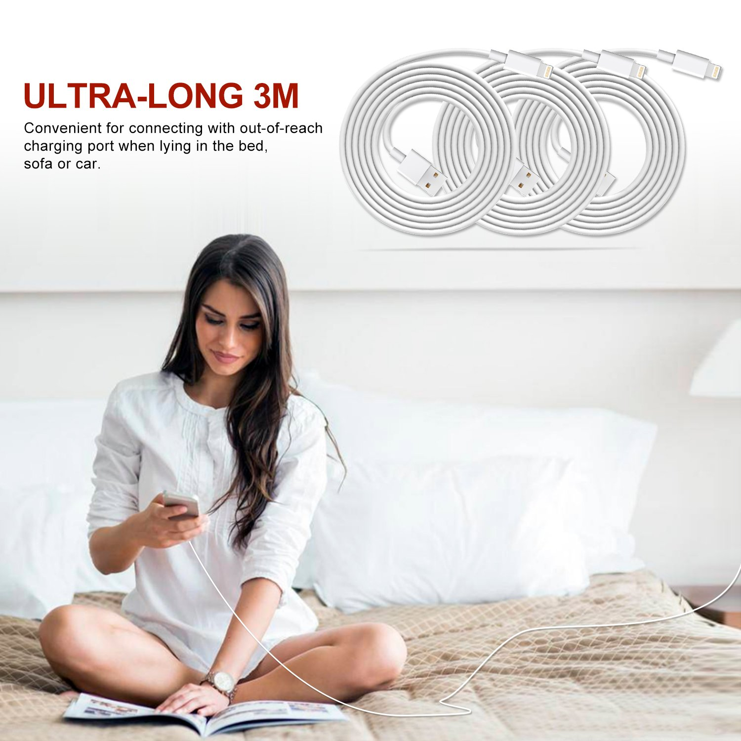 Sundix Iphone Charger Cord 3Pack 9FT/2.7M Long Lightning Cable to USB Charging Cord for Iphone 13 13Promax 13Mini 12 12Pro 11 11Pro 11Promax XR XS X 8 8 plus 7 SE Ipad Ipod