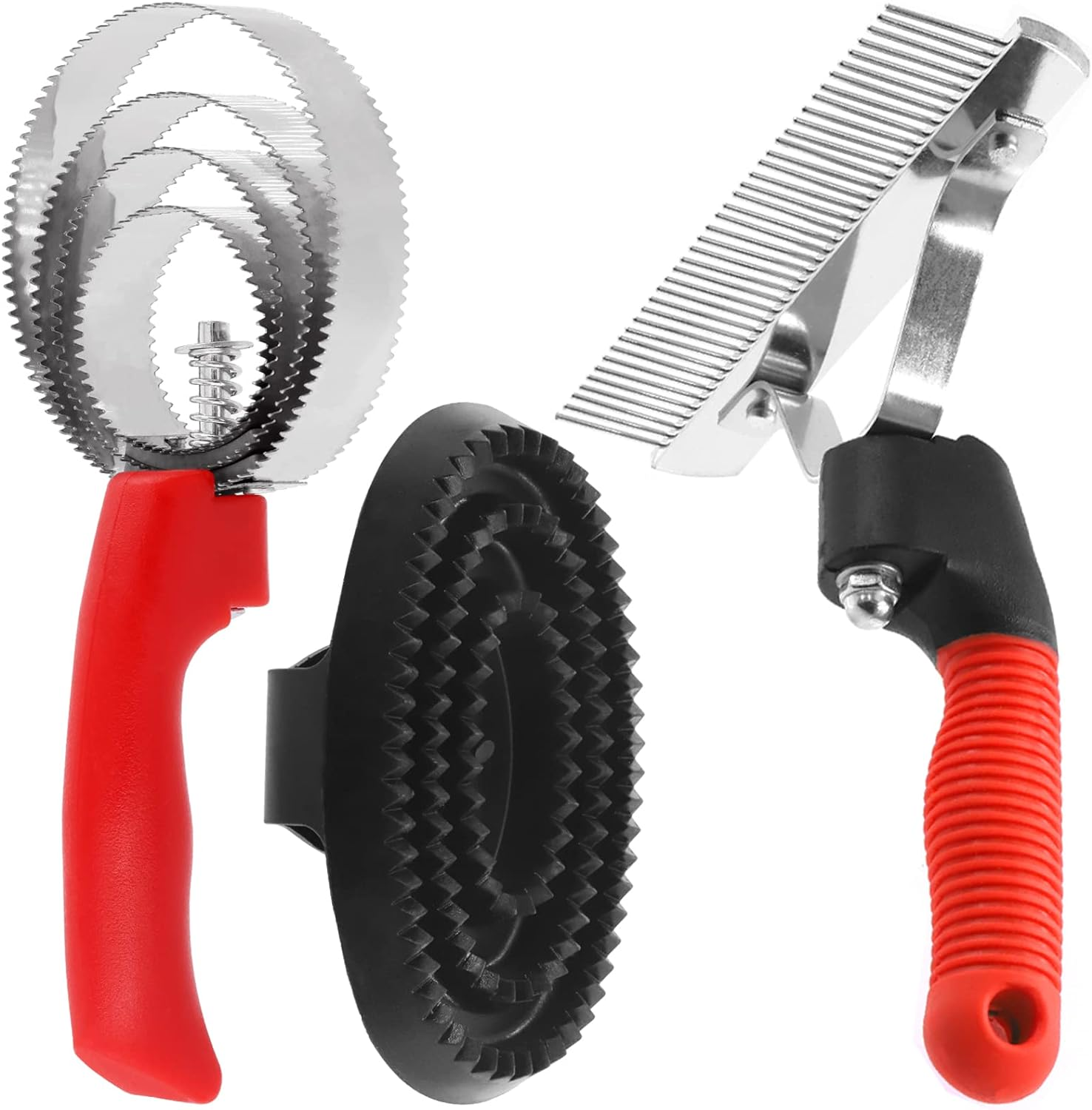 Rustark 3Pcs Reversible Stainless Steel Curry Grooming Set with 4 Rings: Large Rubber Comb, Scotch Type Comb, Metal Brush for Cows, Sheep, Dogs, Goats, Horses image number 4