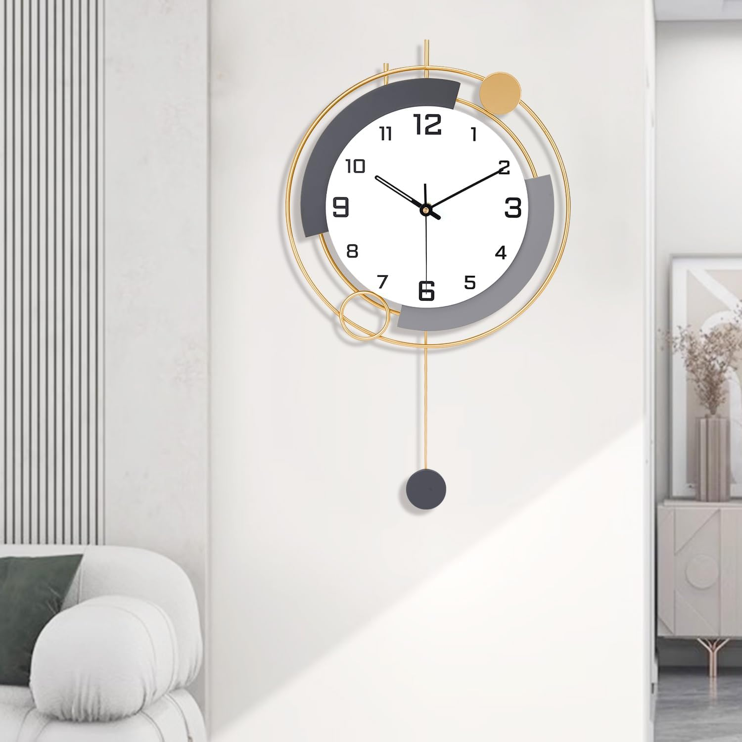 Large Wall Clock Decor Modern Decorative Clock Non Ticking Pendulum Wall Clocks for Bedroom Office Kitchen Silent Big Wall Clock with 1 Ornaments Wall Decor for Home 13.7 * 23.6 Inch Golden