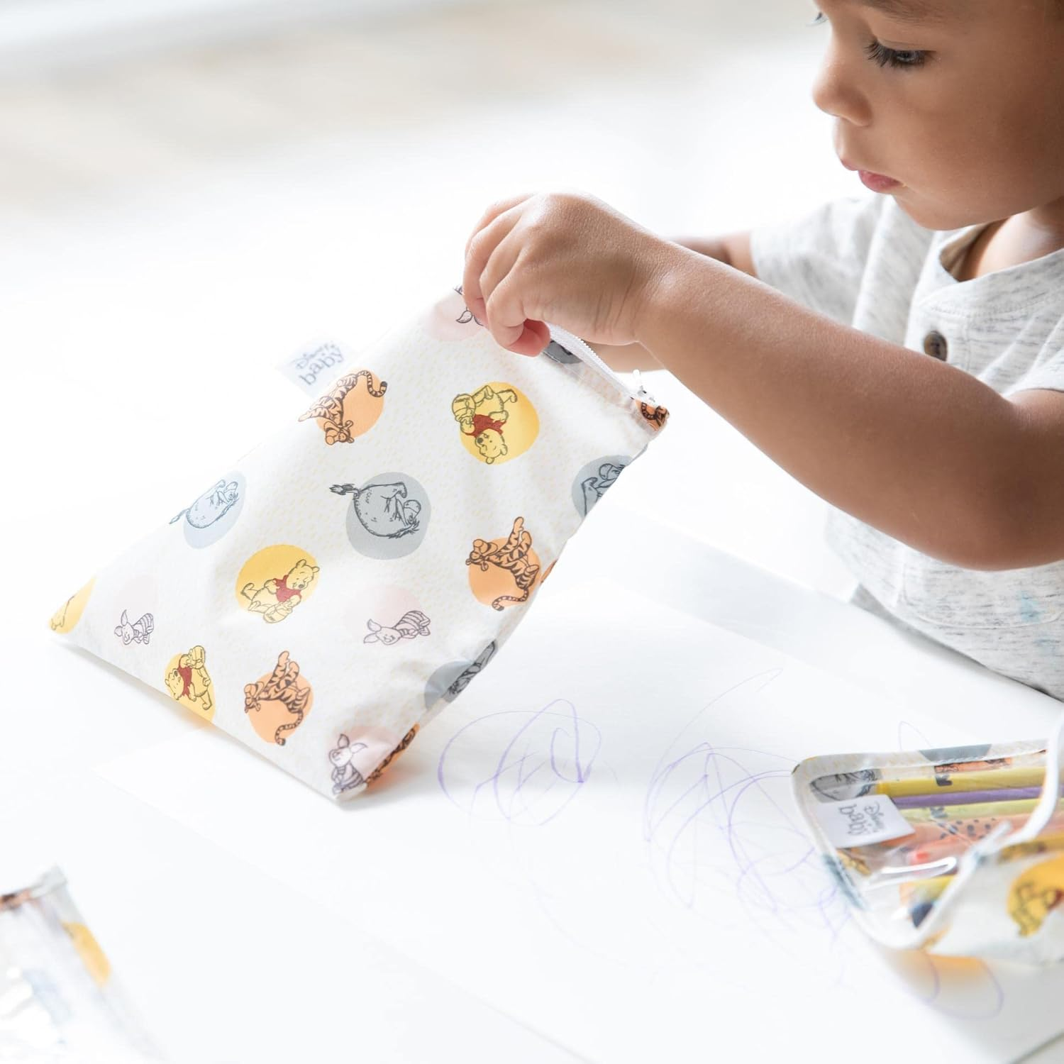 Bumkins Sandwich Bags/Snack Bags, Reusable Fabric, Washable, Food Safe, BPA Free - Disney Pooh Bear and Friends (3-Pack) (SB3-DWP20) image number 1