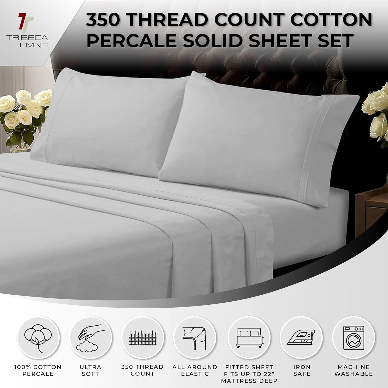 Tribeca Living Egyptian Cotton Percale 350 Thread Count Deep Pocket Sheet Set Queen Silver, 350ECPE4PSSQUSI image number 3
