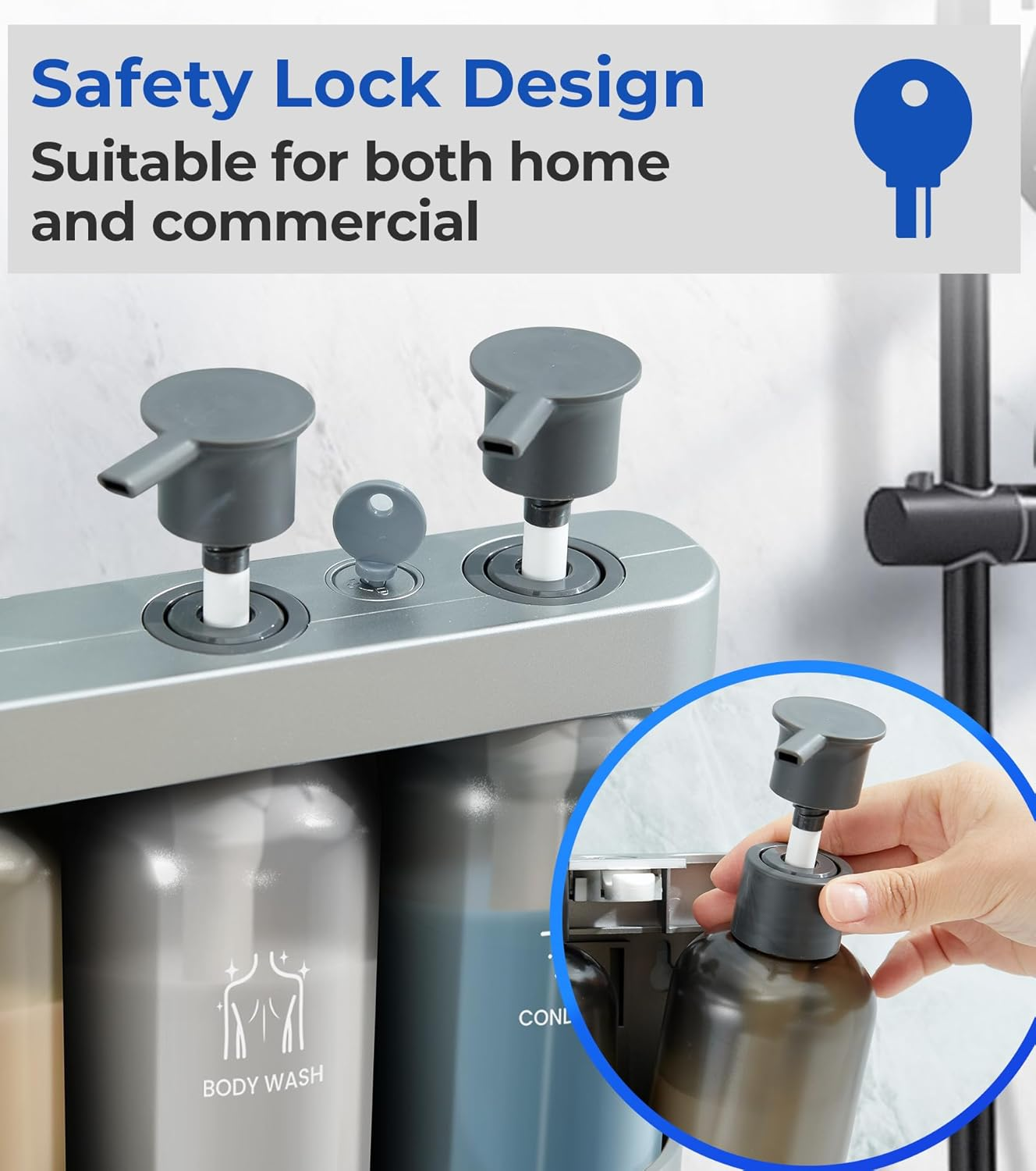 YWEHS Shampoo Dispenser for Shower Wall Mounted, Shower Soap Dispenser 3 Chamber No Drill, 12.85 Fl.Oz*3 Shampoo Conditioner Body Wash Dispenser for Bathroom Hotel, Silver, 3 Refillable Bottles