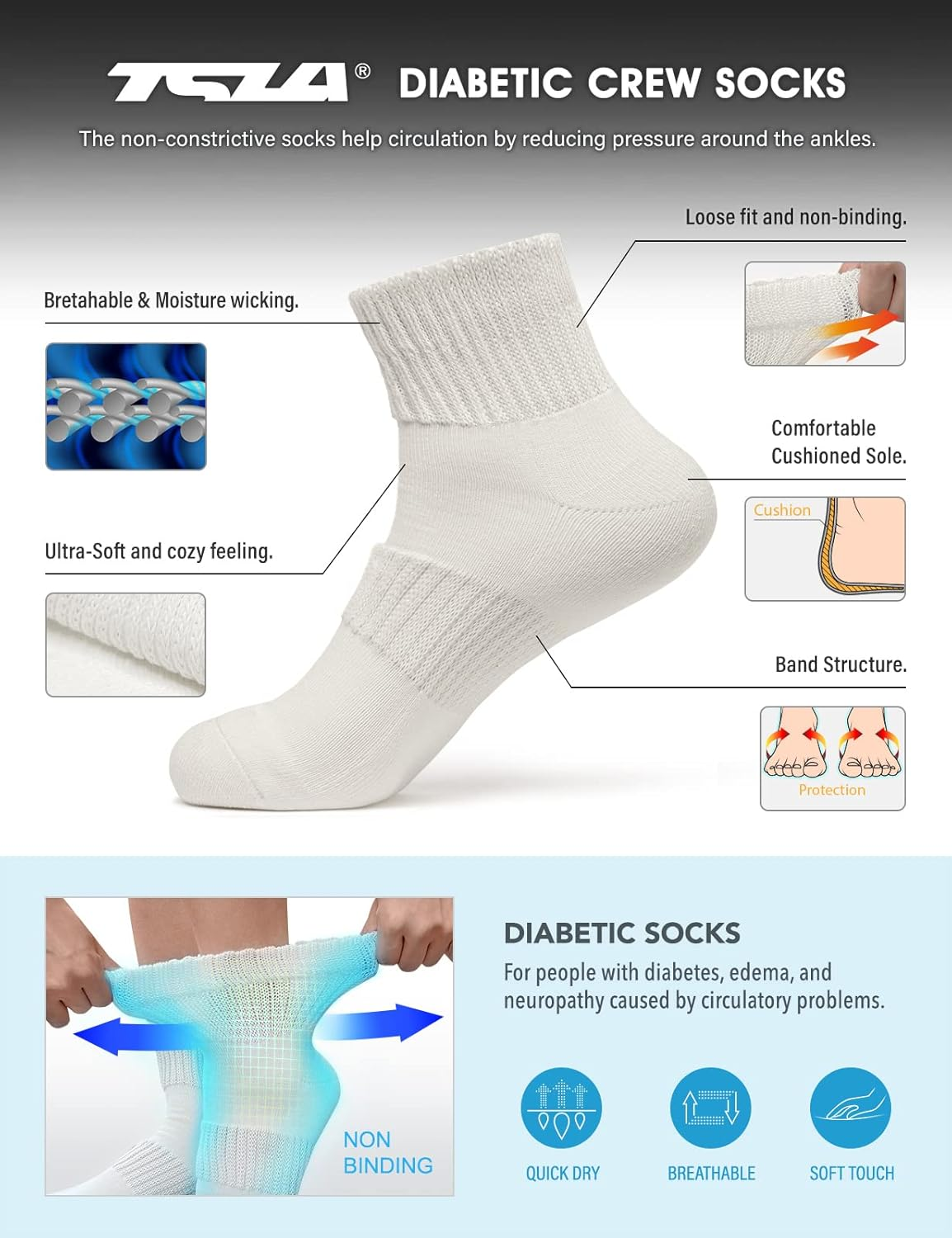 TSLA 3-Pack Diabetic Socks - Non-Binding, Breathable Cotton Blend, Cushioned Soles, Unisex image number 1