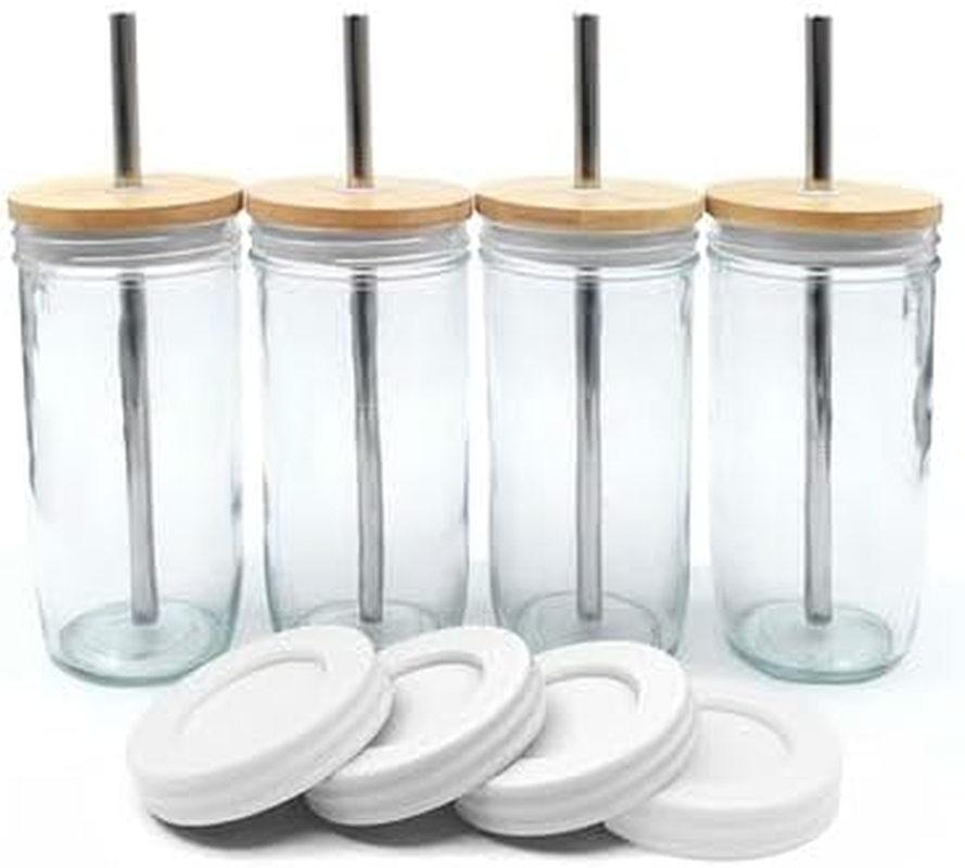 Elk and Friends 24Oz Glass Mason Jar &ndash; Pack of 4 | Bamboo Straw Lids + Stainless Steel Straws | Smoothie + Iced Coffee + Bubble Tea Cups | Glass Cups with Lids and Straws | Dishwasher Safe