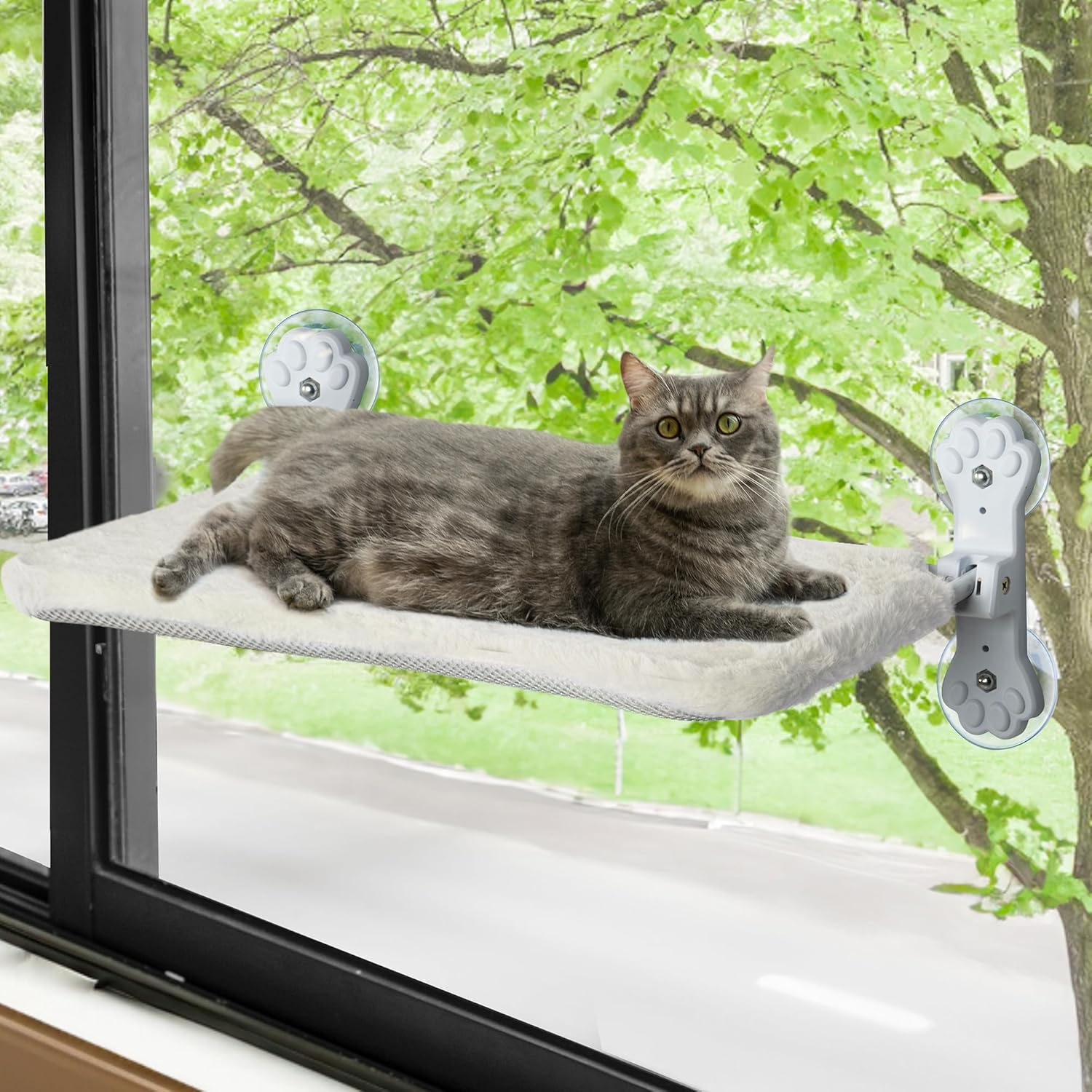 APAILANT&reg; Cat Window Perch, Foldable Cat Hammock for Window 30 * 52 Cm, Cordless Window Bed for Cats inside with Reversible Cover Solid Metal Frame Sunbathing Viewing Platform Beige image number 3