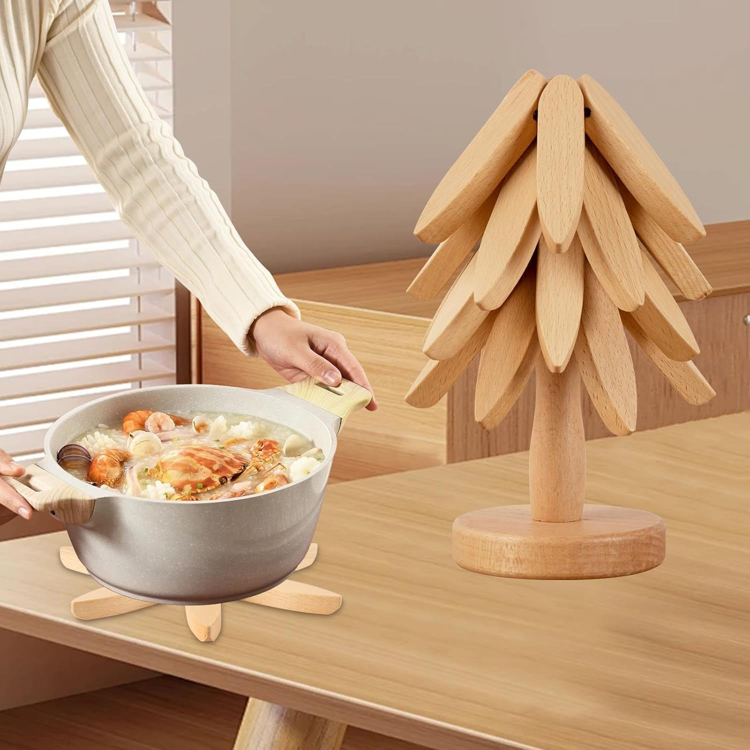 Wooden Trivets for Hot Dishes,Tree Shape Trivet Set,Natural Foldable Kitchen Wooden Trivet,For Hot Dishes、Pot、Bowl、Teapot、Hot Pot Holders (Beech) image number 6