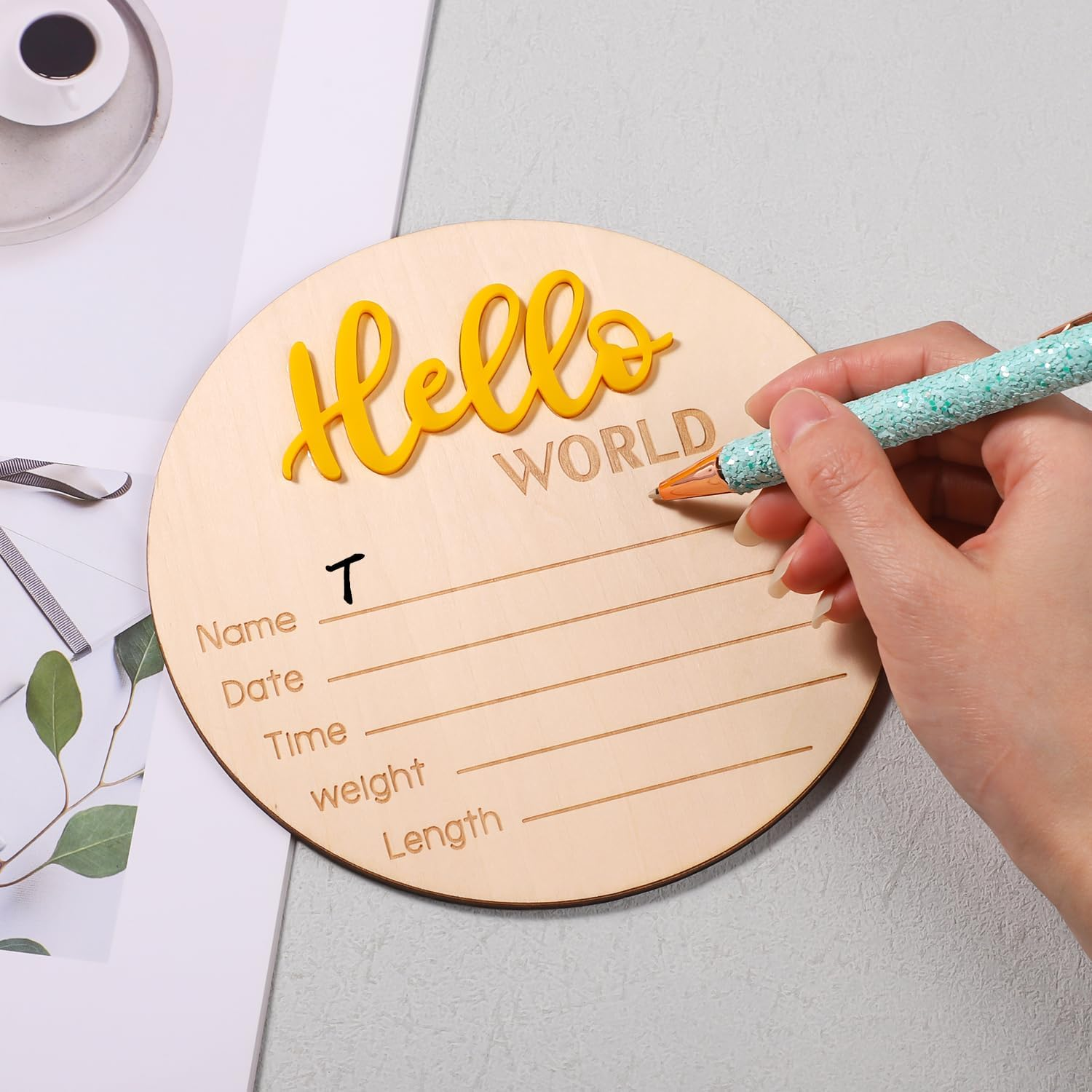 Announcement Sign Baby, 15 Cm Wooden "Hello World" Welcome Sign for Newborn Name Plate Baby Birth for Photo Props Baby Shower Hospital Nursery (Yellow) image number 4