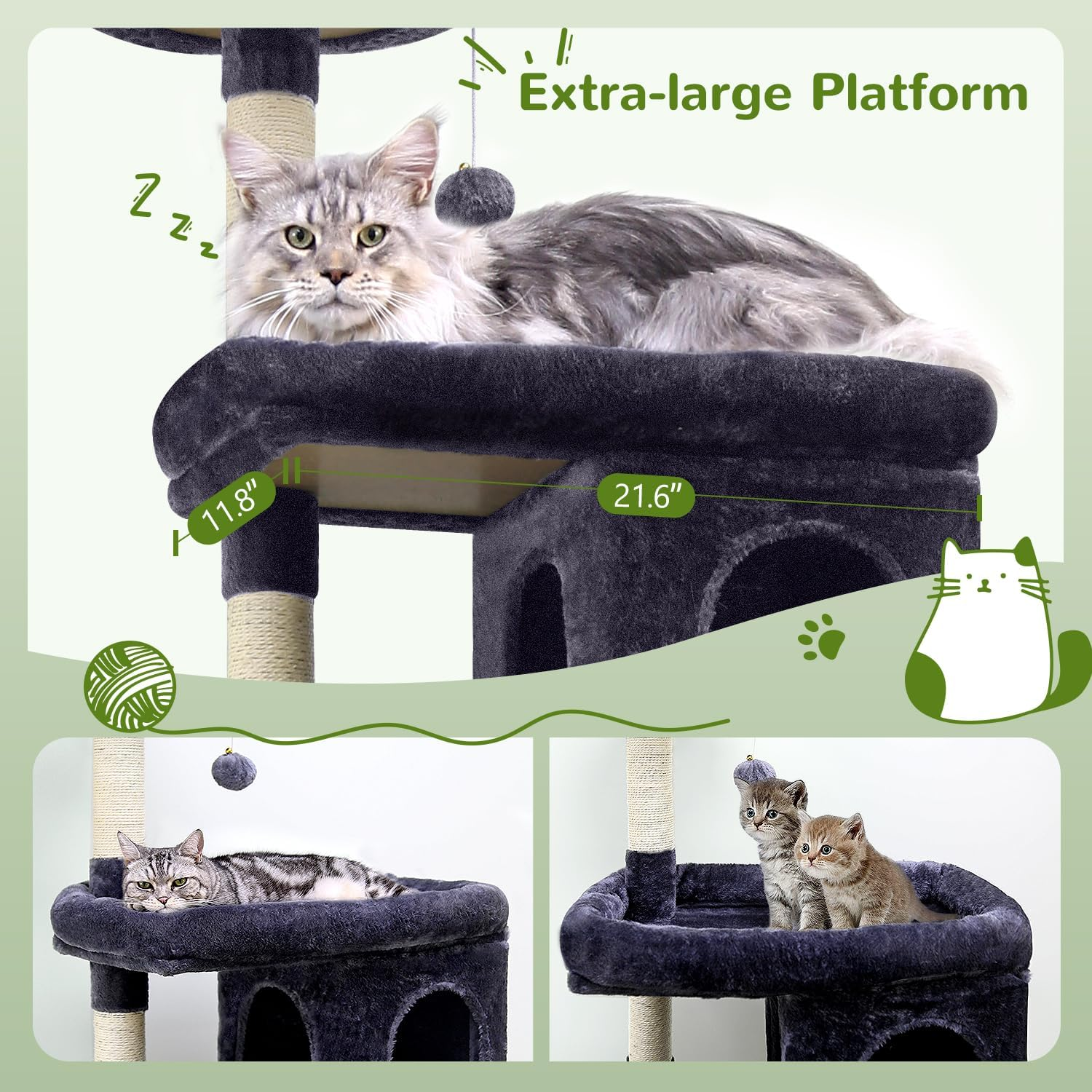 Globlazer Heavy Duty Cat Trees for Large Cats, Sturdy 72In Maine Coon Cat Tree for Large Cats 20 Lbs+ Heavy Duty Cat Tower for Adult Biggest Cat with 6 Scratching Posts, Hammock, S72, Dark Gray image number 3