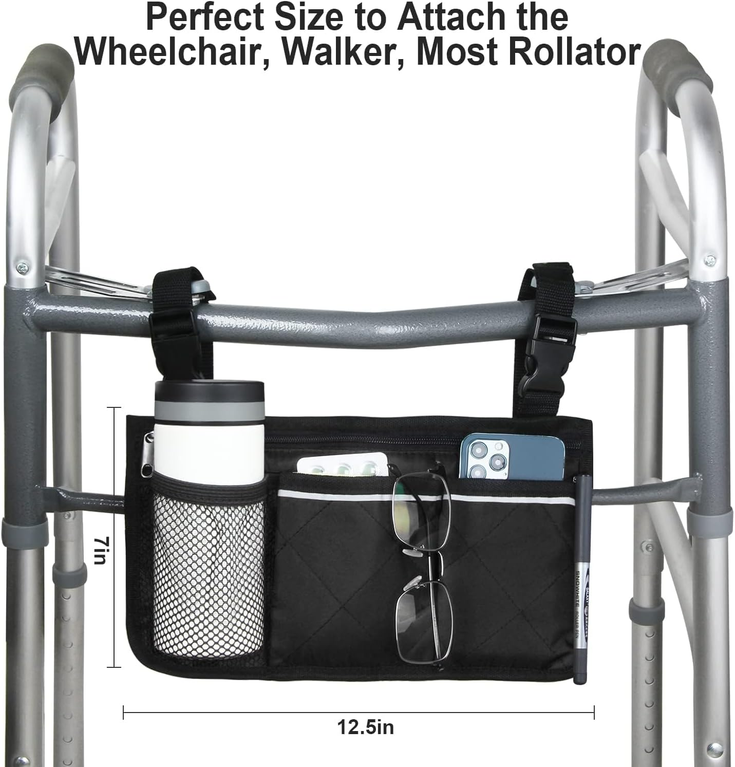 Wheelchair Bag with Adjustable Straps, 12.5" X 7" (32 Cm X 18 Cm) Storage Organizer Pouch, Fits Most Wheelchairs, Walkers, Rollators and Mobility Scooters, Black, Damaill image number 5