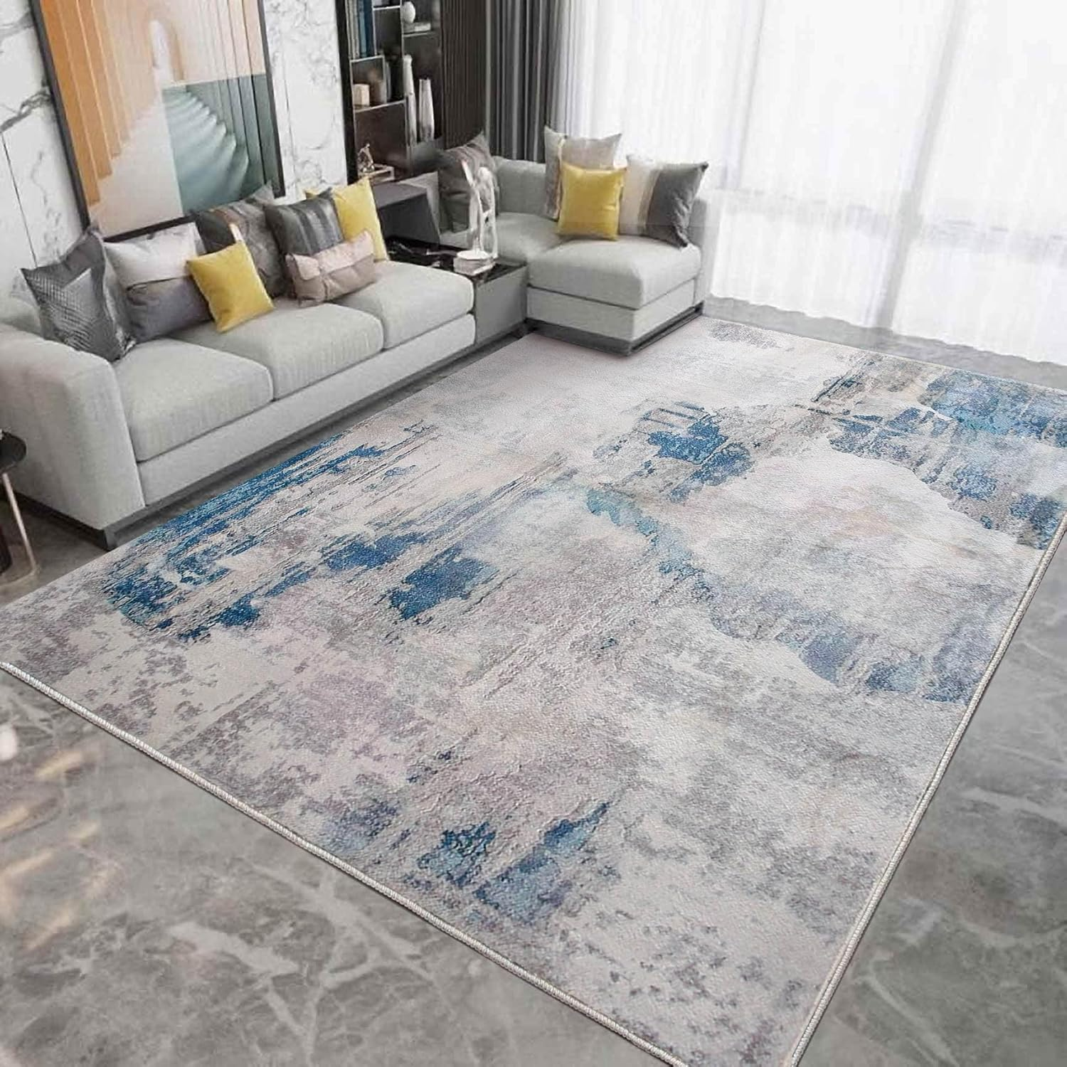Rugs Living Room Grey Area Rugs for Bedroom Modern Abstract Rug Large Short Pile Rugs Carpet Non-Slip Soft Living Room Rugs Room Decor (Lake Blue/Grey/Beige, 120 X 160 Cm)