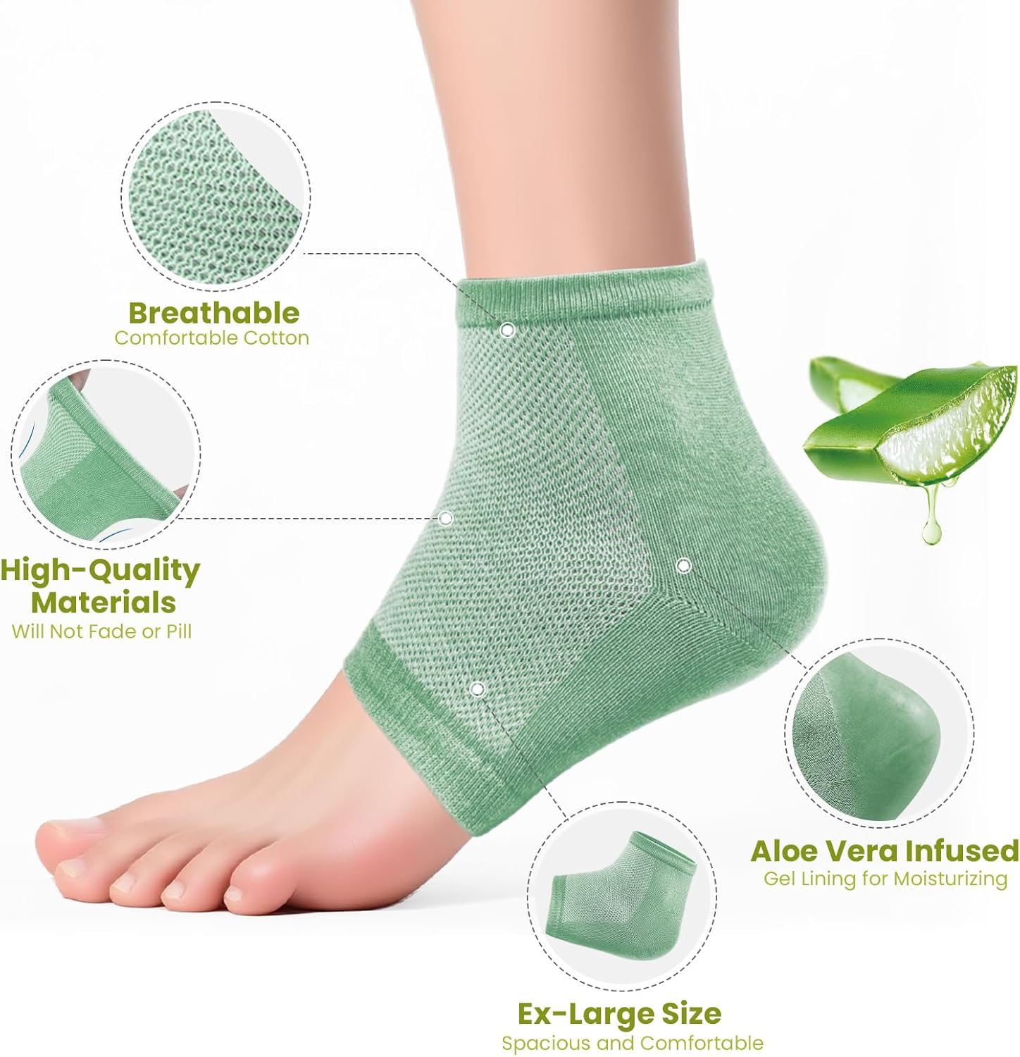 Moisturizing Socks for Cracked Heel Treatment - Bukihome 2 Pairs Moisturizer Socks for Dry Cracked Feet - Toeless Gel Socks for Women & Men，Hydration and Repair (Green) image number 2