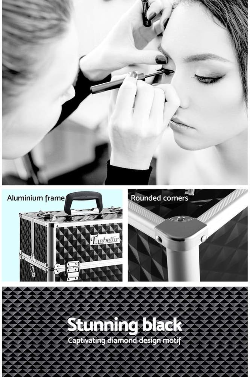 Portable Cosmetic Beauty Makeup Case Diamond Black Travel Organizer Storage image number 5