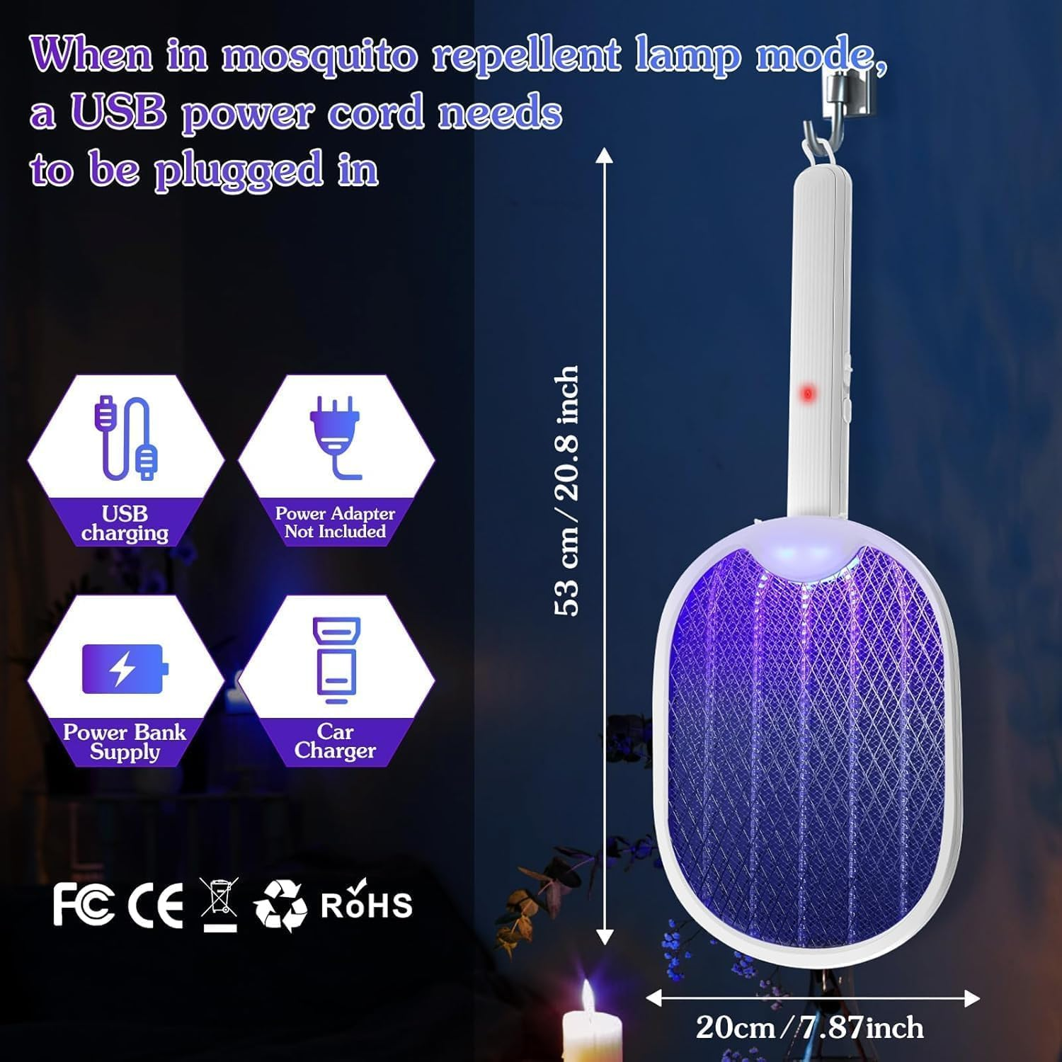 Mosquito Zapper Electric Fly Swatter, 3 in 1 Foldable 3000V Handheld Bug Zapper with USB Rechargeable Bug Zapper Racket Fly Killer Electric Fly Trap for Indoor and Outdoor image number 1