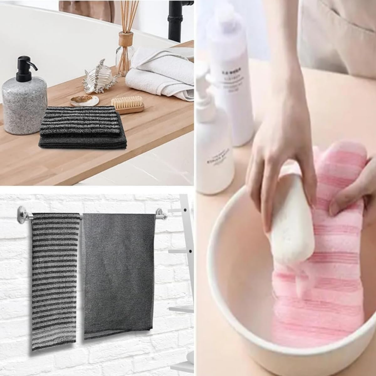 2 Pack Back Scrubber for Shower Bath,Scrub Wash Cloth,Exfoliating Washcloth Towel, Exfoliator Sponge Net Rag Back Washer，Scrub Both Sides for Use in Shower Bath(Black, Pink)