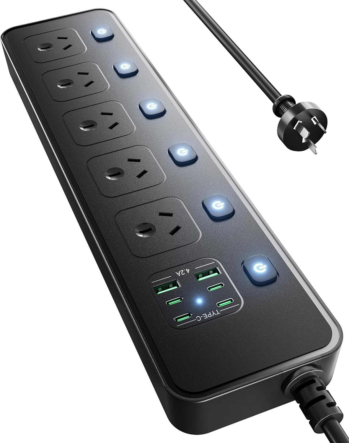 Power Board Individual Switch - 3250W Power Strip with 5 AC Outlets, 2 USB a and 4 USB C, Powerboard 1.8M Extension Cord for Home and Office, Overload Protection (Black) image number 4