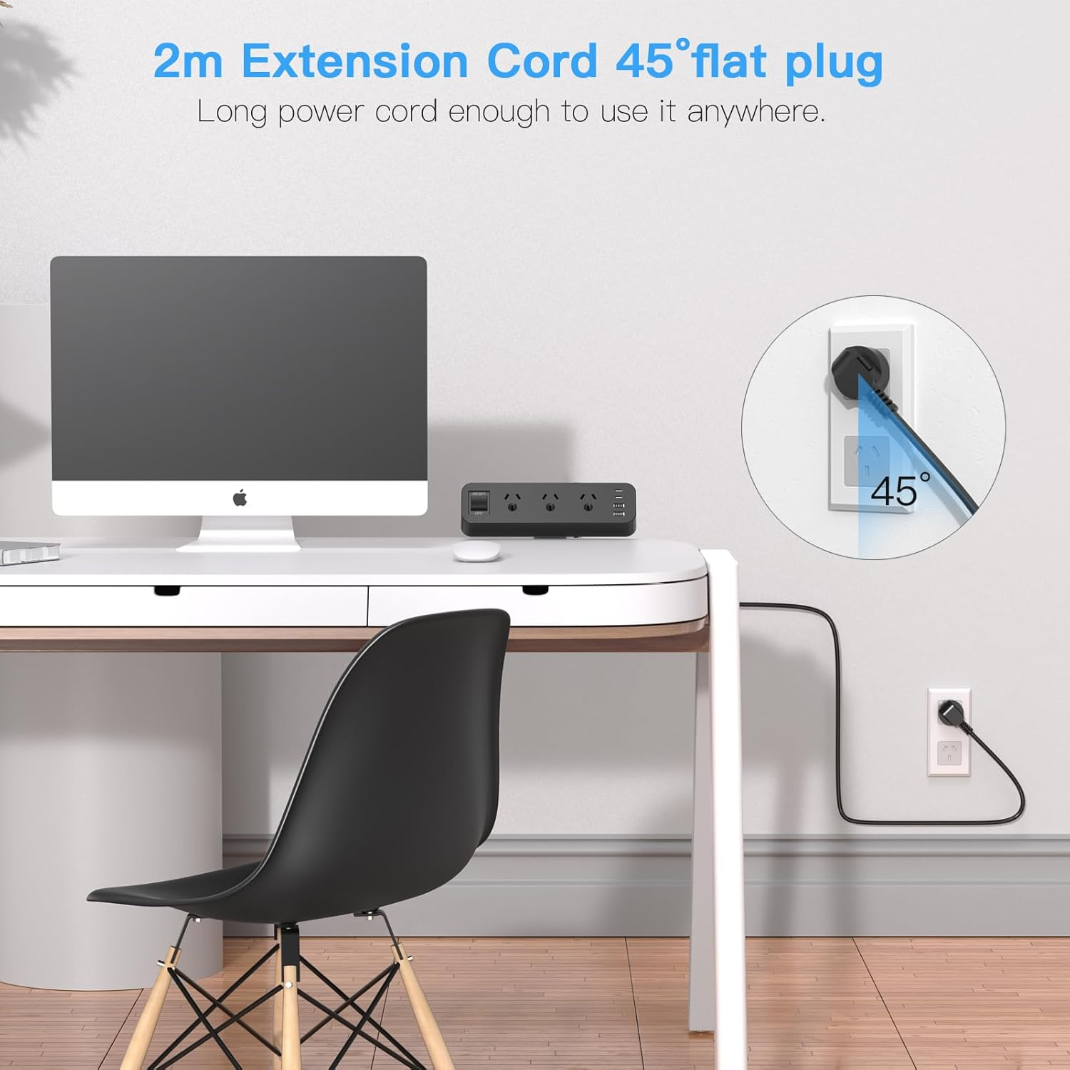 Yundian Power Strip with USB, 3 AC Outlets, 2 USB C Ports, 2 USB a Ports, 2M Extension Cord, 10A/2500W, Black - Black image number 3