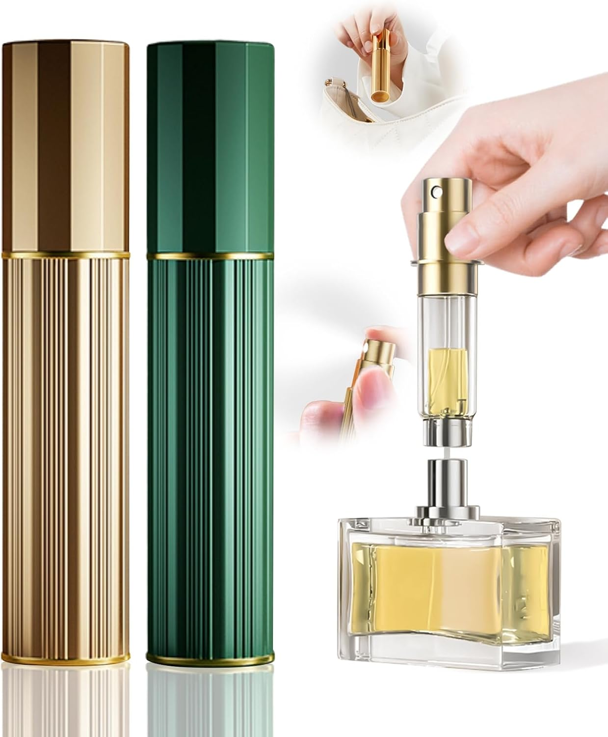 BRARIOS Perfume Atomizer Portable Refillable - 5Ml 2 Pack Travel Spray Bottle Nano Mist Bottom-Filling Mini Atomiser Pocket Size Cologne Dispenser for Women and Men (Green & Gold)