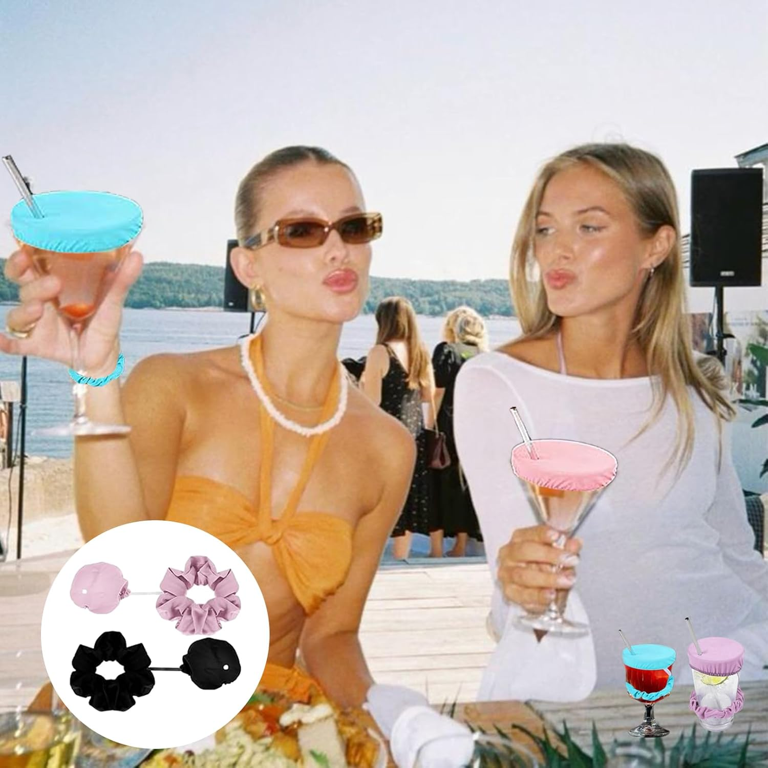 Pack of 4 Ko Drop Protection Bracelet, Drink Protection Lid, Cap Scrunchie Hair Band, Drink Cover, Hair Scrunchie, Reusable Drink Lid, Night Cap, Ideal for Bars and Parties image number 1