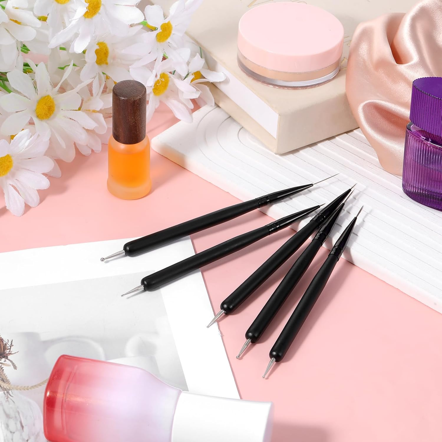 Set of 5 Nail Art Brush Liner Brushes and Dotting Tool Set Painting Art Design Brush Set Double End Nail Art Brush Set for Nail Design and Gel Nails Thin Details Long Lines 5/7/12/16/20 Mm image number 4