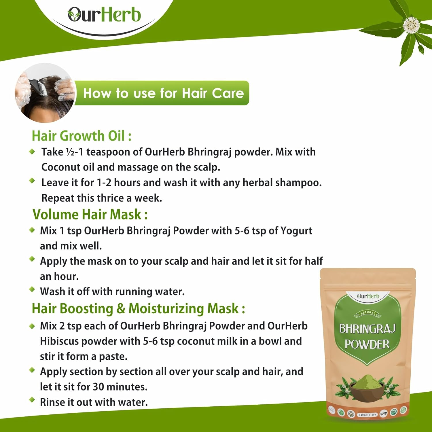 Ourherb Pure & Organic Bhringraj (Eclipta Prostrata) Powder for Natural Hair Care with Wooden Spoon - 100G | 3.5 Oz image number 1