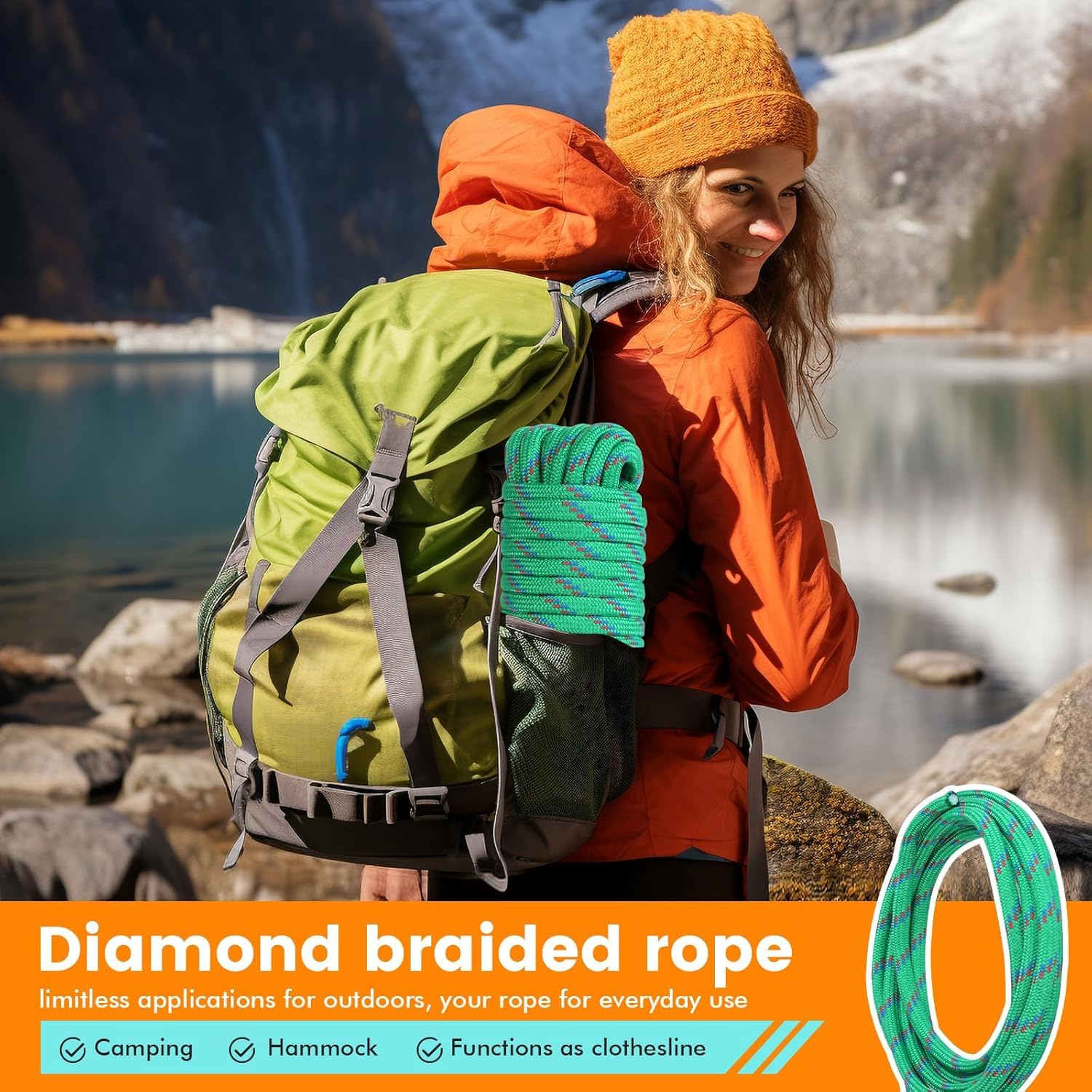 Maxxhaul 50227 3/8" X 50 Ft Diamond Braided Rope Extra Strength-Sunlight and Weather Resistant, Multicolor image number 1