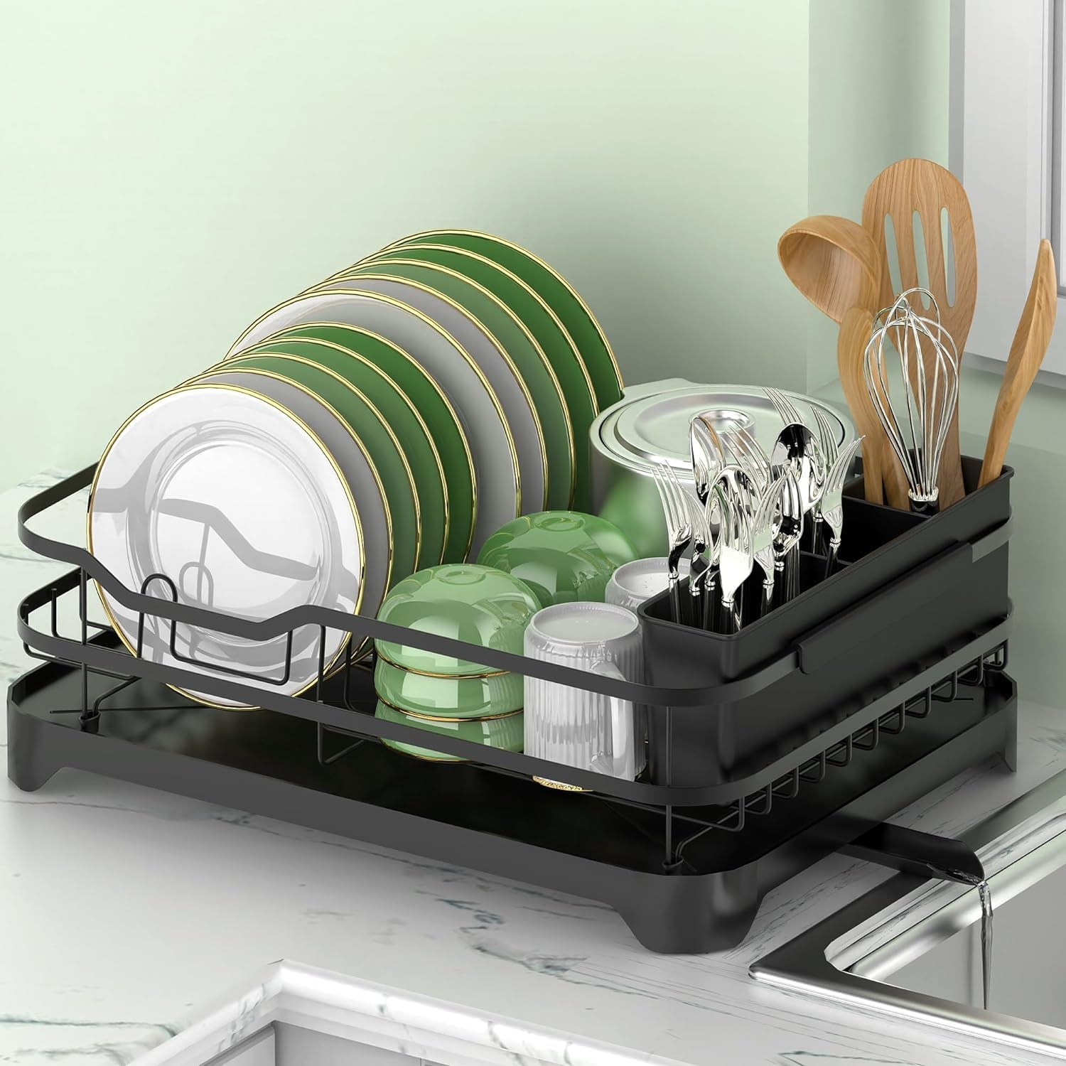 Dish Drying Rack, Stainless Steel Rustproof Dish Rack for Kitchen Counter, Sturdy Dish Drainer with Drainboard, Drainage, Utensil Holder for Various Kitchenware, 16.9"(L) X 12.2"(W), Black