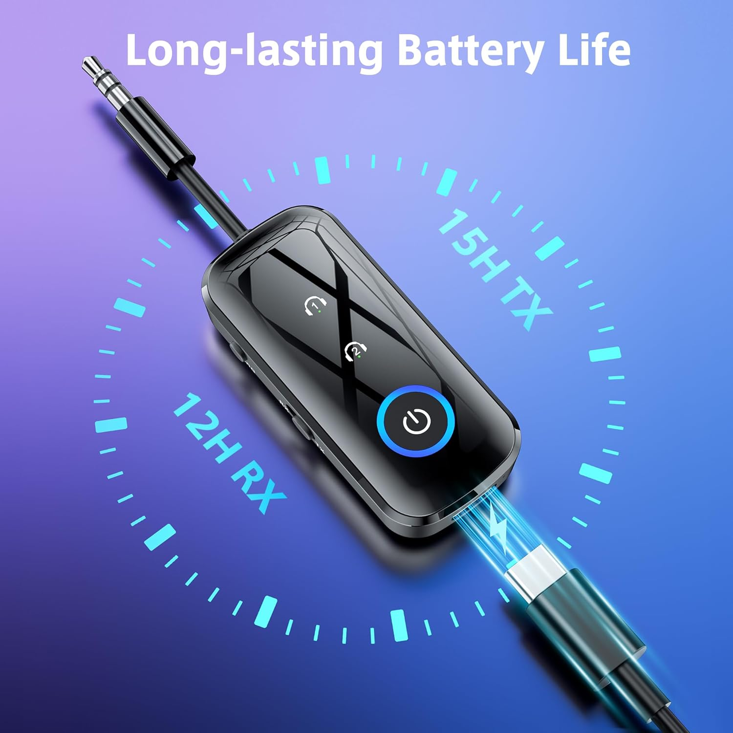 2 in 1 Bluetooth 5.3 Transmitter Receiver, SONRU Travel Essentials Airplane Headphone Adapter Airfly Wireless Adapter with 3.5Mm AUX Compatible with 2 Airpods Wireless Headphones - Blue image number 6