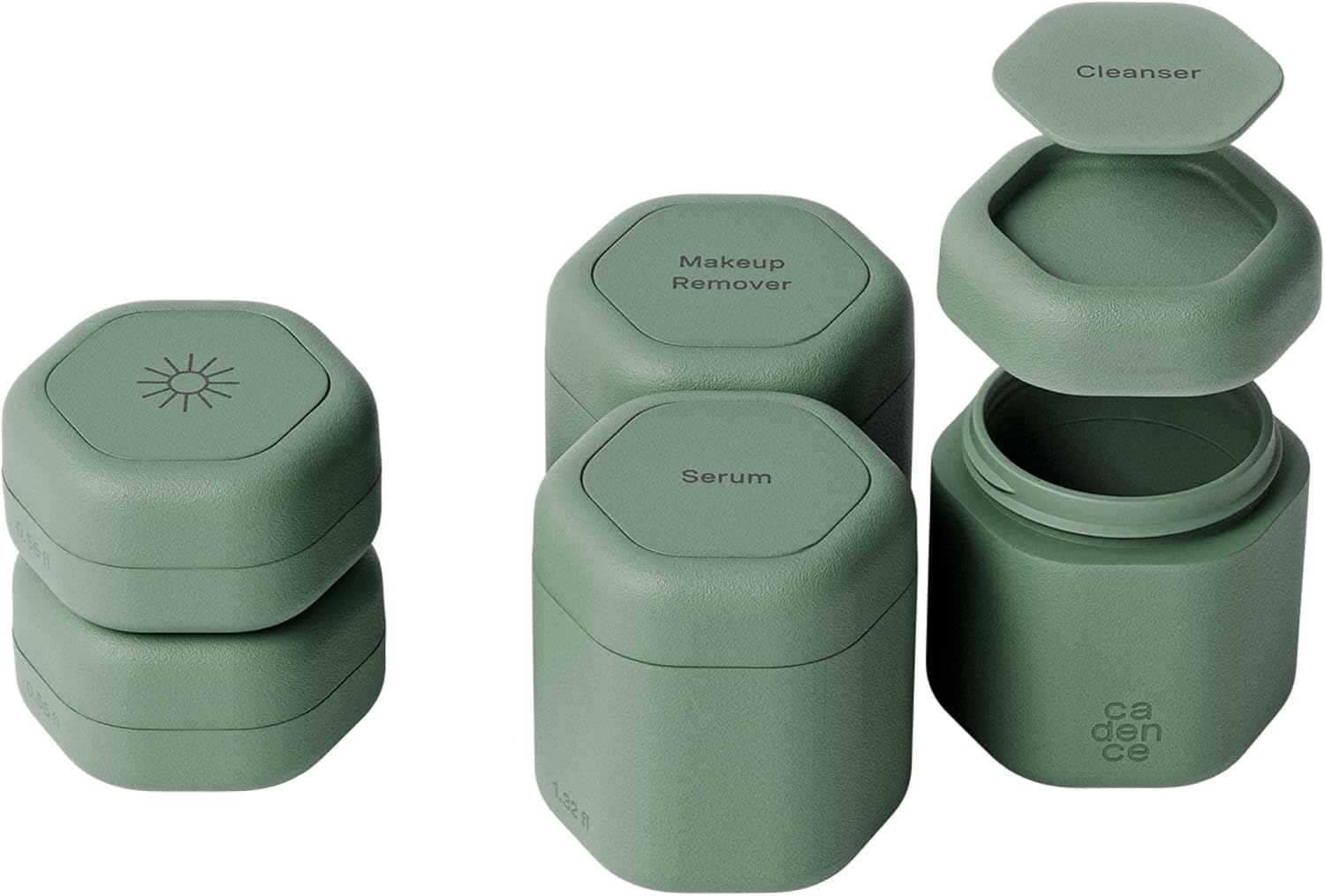 Cadence Travel Containers - Core Skincare Set - Magnetic Containers with Lids,2 Small (0.56Oz) & 3 Medium (1.32Oz) - Cleanser, Moisturizer, Serum, Makeup Remover & Sun Icon Labels - Petal