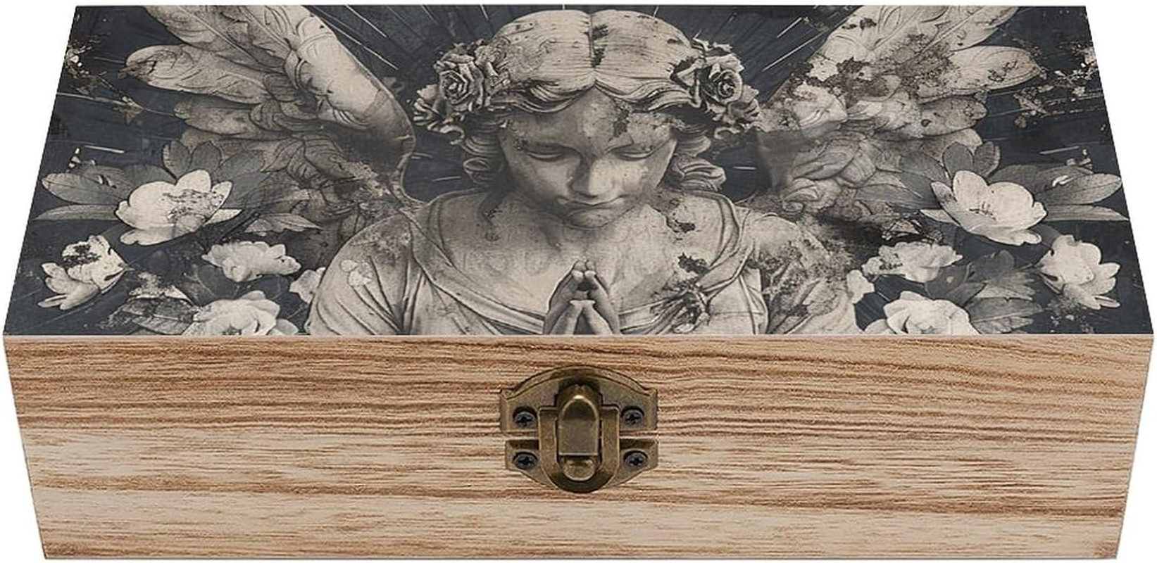 Praying Angel Flower Wooden Box Wood Wedding Keepsake Boxes with Lids Small Decorative Boxes Lightweight Wooden Memory Storage Box for Crafts Keepsakes Jewelry Photo Letter Storage image number 5