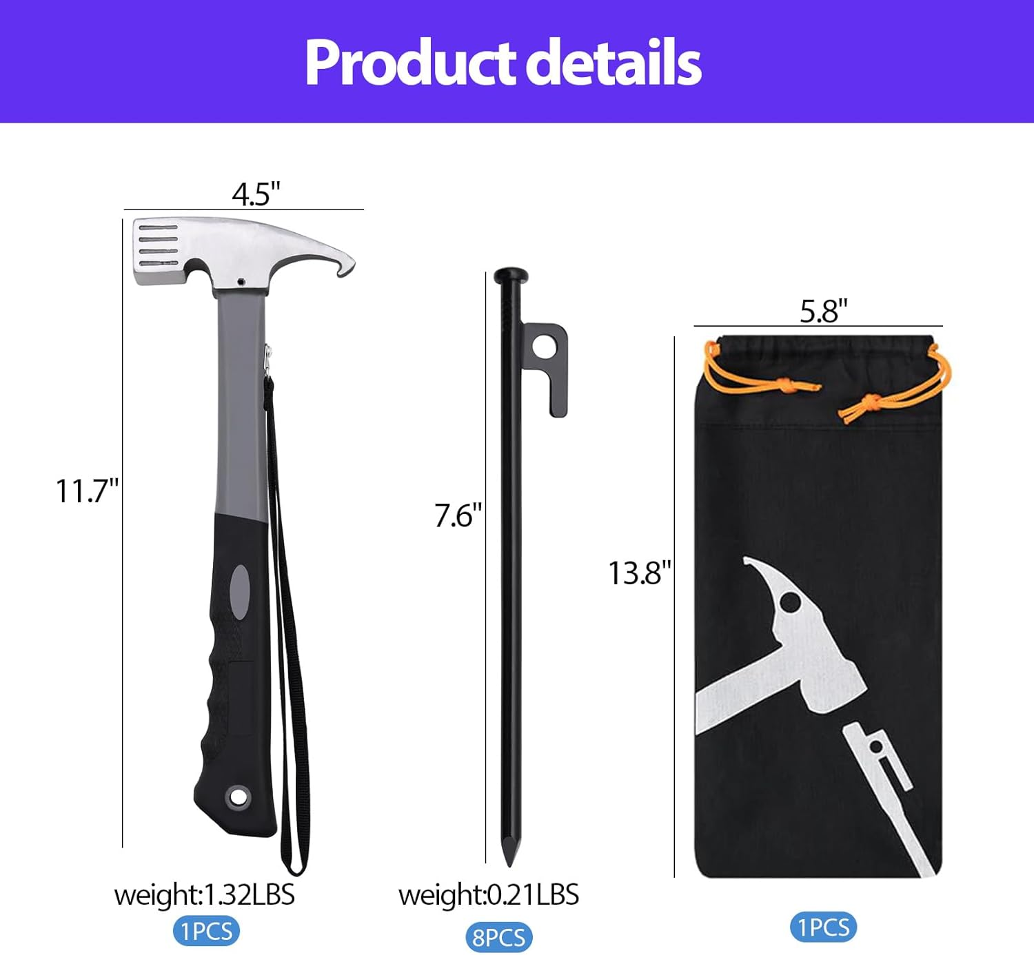 Tent Pegs, 8 Pcs Tent Stake and Hammer Set, 7.6 Inch Heavy Duty Forged Steel Tent Stakes, Camping Hammer and Storage Bag for Pop up Tent, Camping Tent