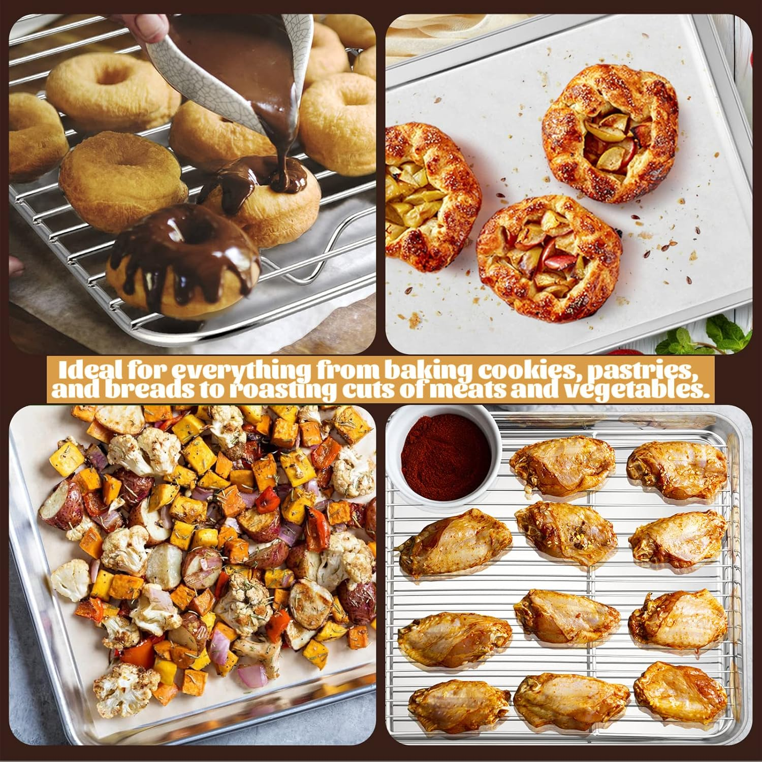 Metal Toaster Oven Tray Set, E-Far 10.5&rdquo;X8.3&rdquo; Small Stainless Steel Baking Pan with Wire Rack for Cooking Broiling, Rimmed Metal Sheet for Roasting Cooling Cookie Bacon Steak image number 4