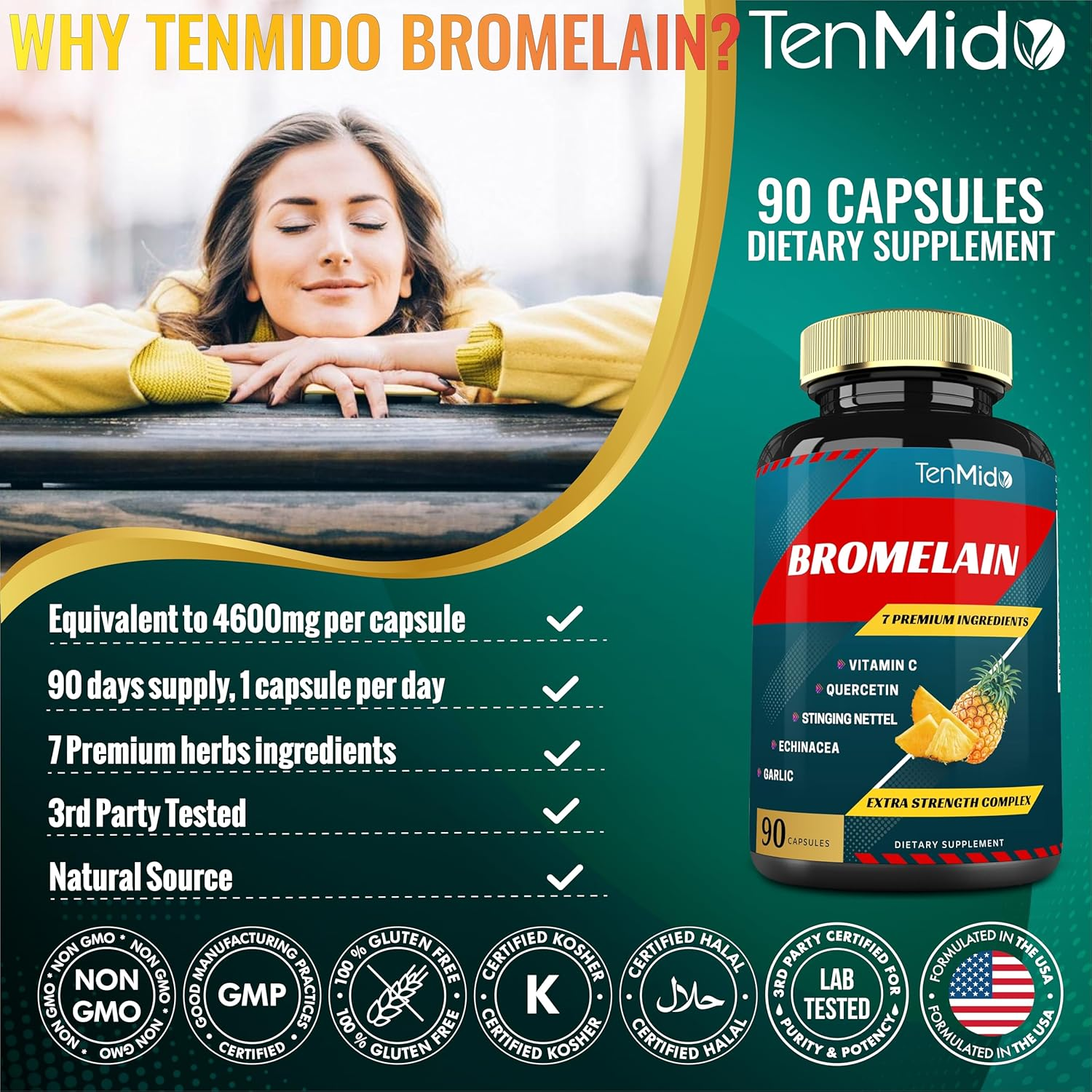 Bromelain Capsules 4600Mg, Proteolytic Enzymes & Vitaminc, Quercetin, Echinacea, Garlic, Pepper | Supports Digestion, Joints Comfort, Gut Health | Anti-Inflammatory, Nutrient Absorption, 90Caps image number 4
